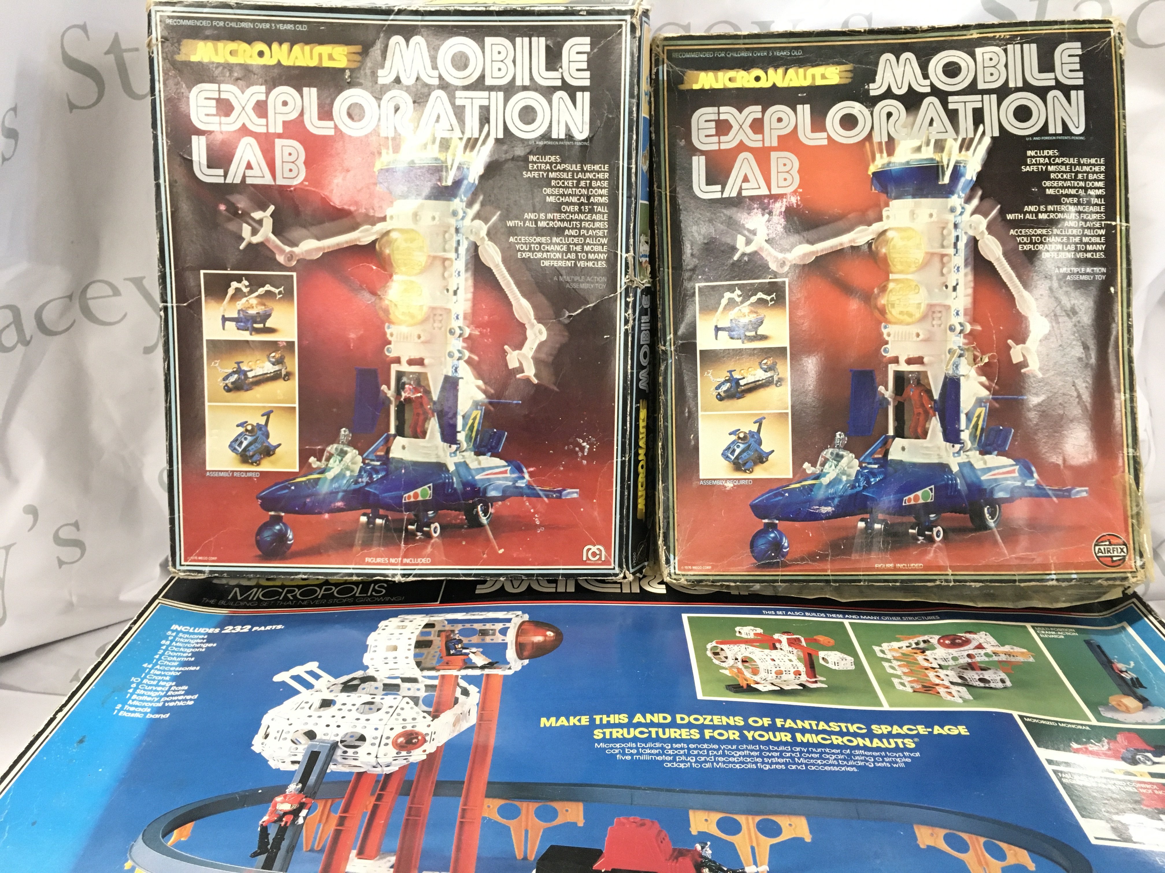3 Boxed Micronauts Sets Including 2 X Mobile Exploration Sets And A Microrail City. Boxes Are Worn. (3).