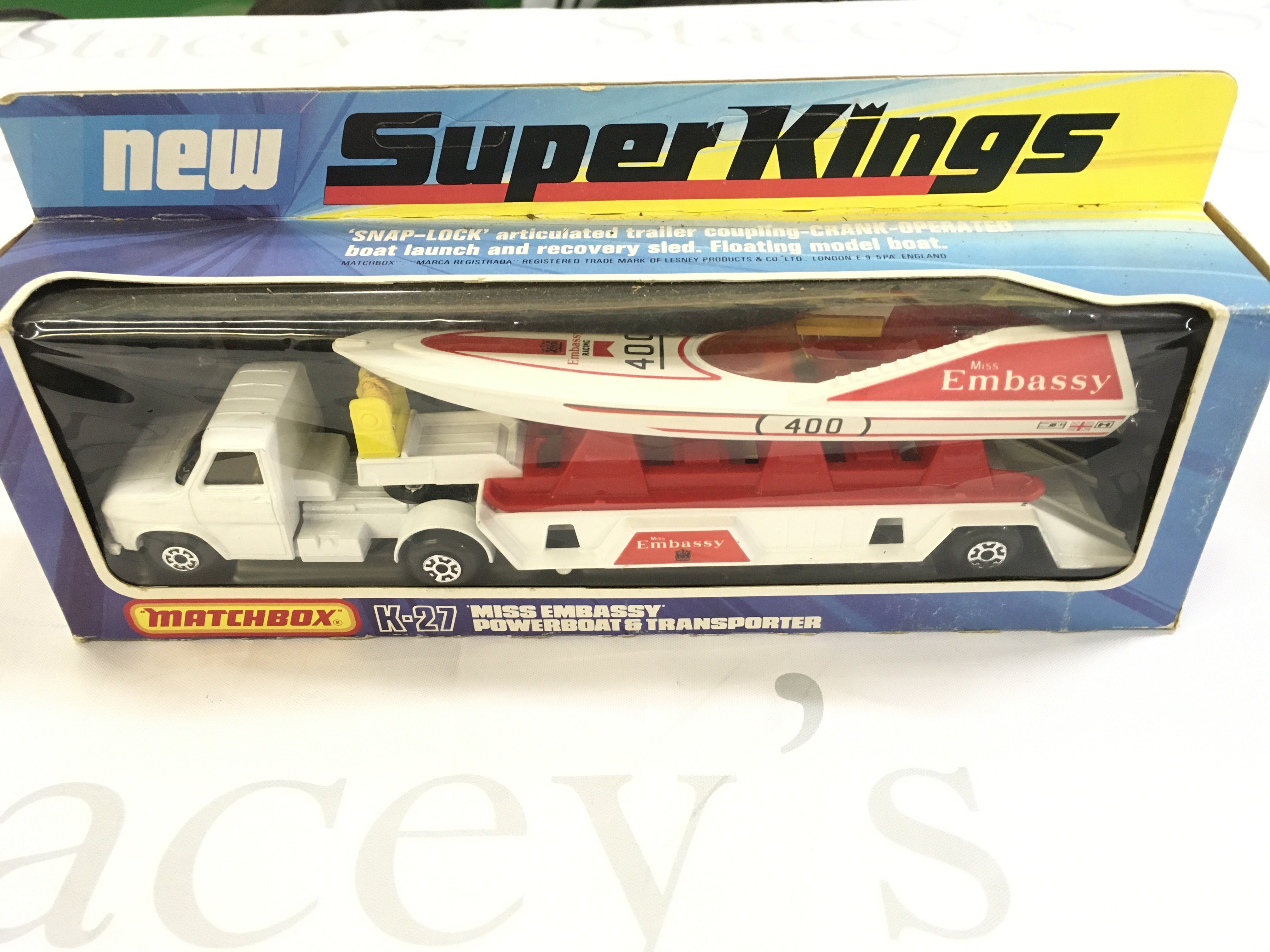 A Boxed Matchbox Superkings Miss Embassy Powerboat And Transporter #K-27.