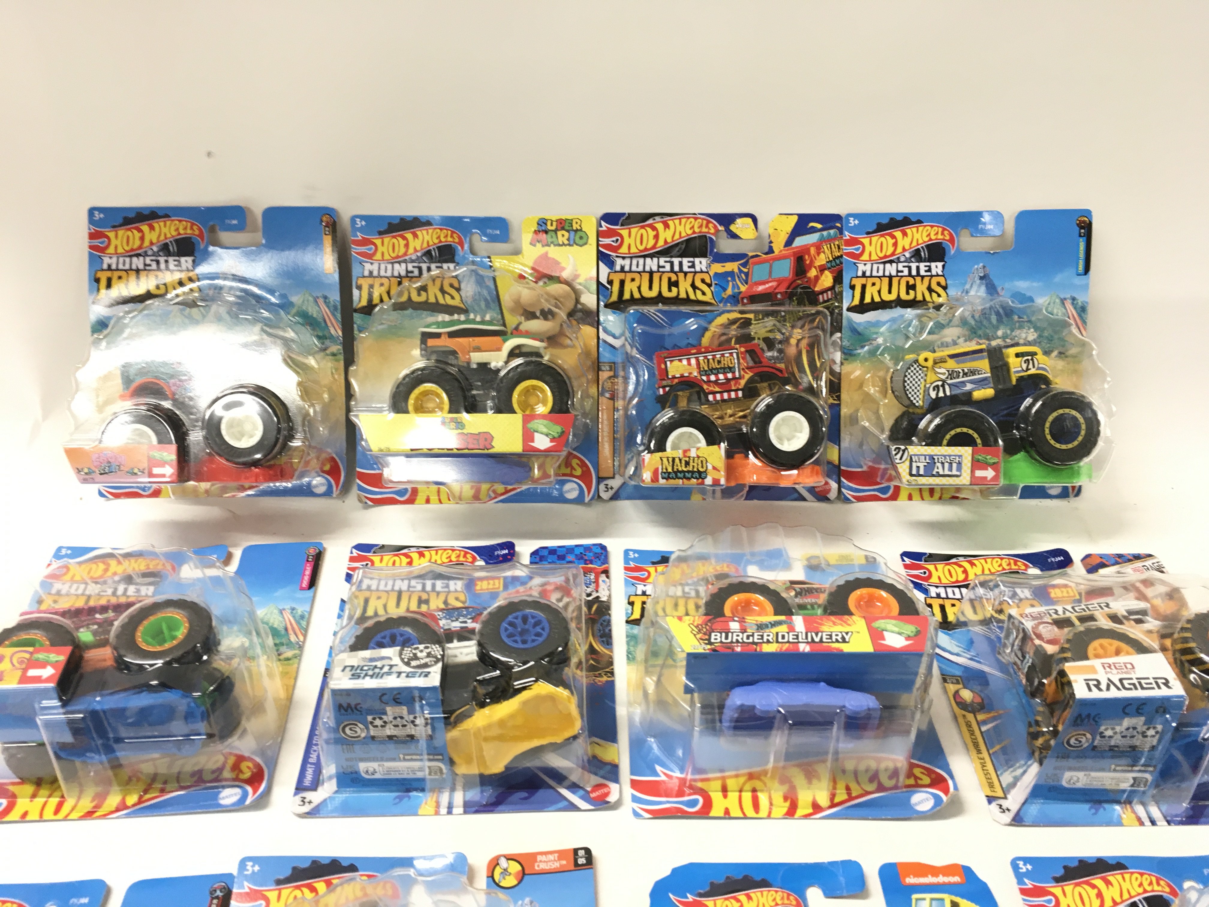 A collection of unopened Hot Wheels Monster Trucks 1:64 scale. Includes SpongeBob SquarePants..Super Mario Bowser plus others. No reserve