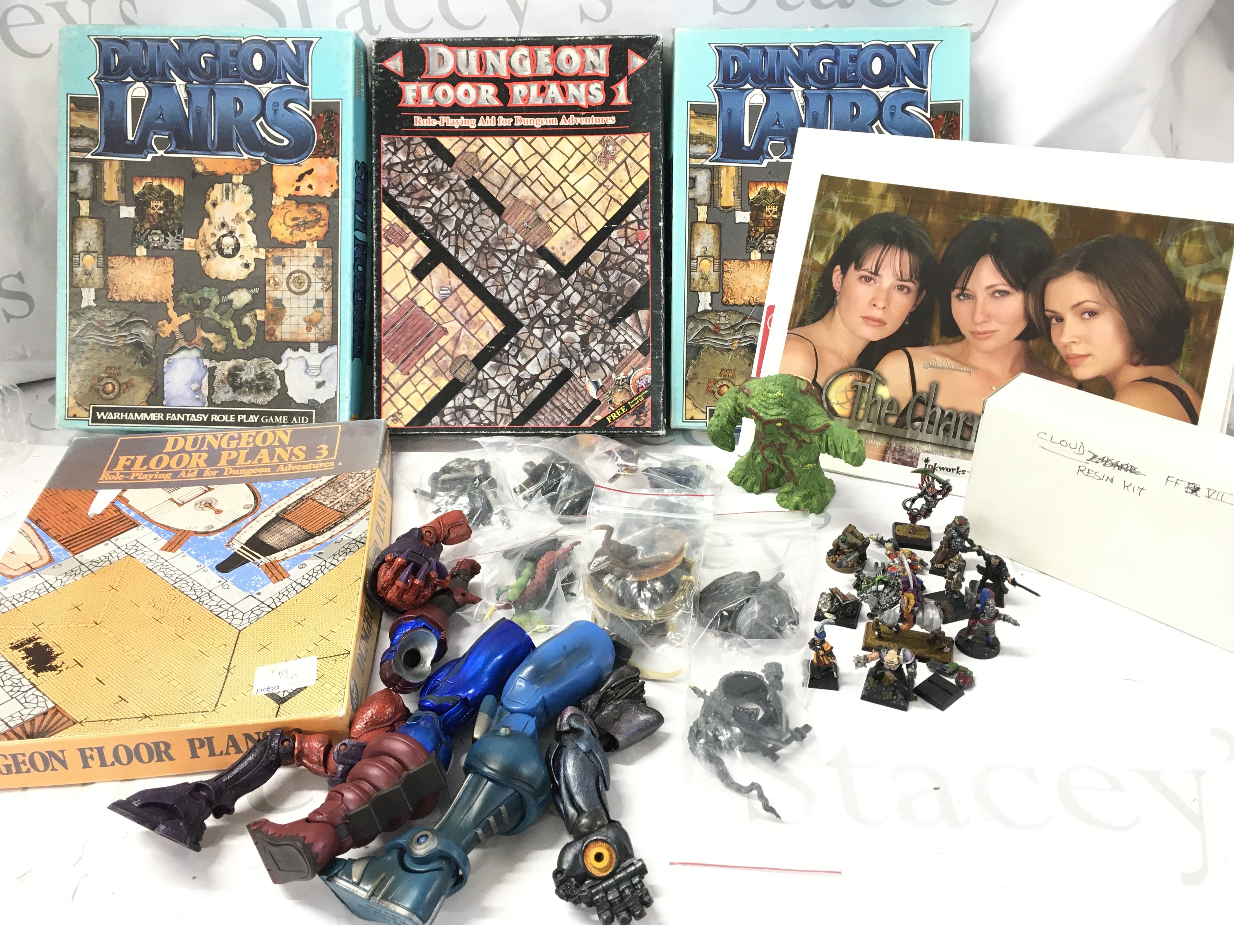 A Collection of Warhammer Dungeon Floorplans. Figures. A Rare 1982 Dungeons And Dragons Shambling Mound figure. A Inkworks Charmed Season 1 Trading Cards (Limited Edition). A Final Fantasy Resin Kit and A Games Workshop Case. A Small collection of Warhammer Figures Etc.