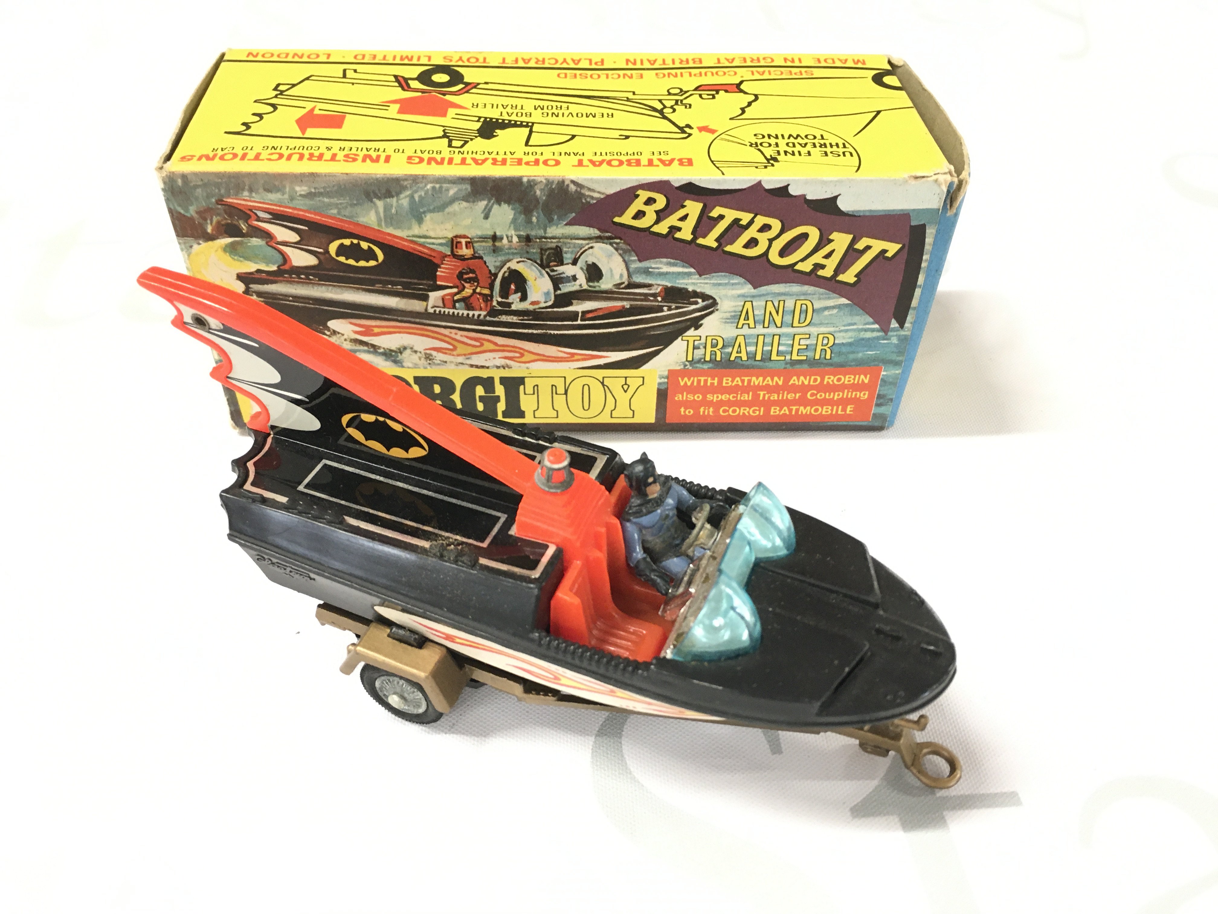 A Boxed Corgi Batbooat And Trailer #107 Robin Missing.