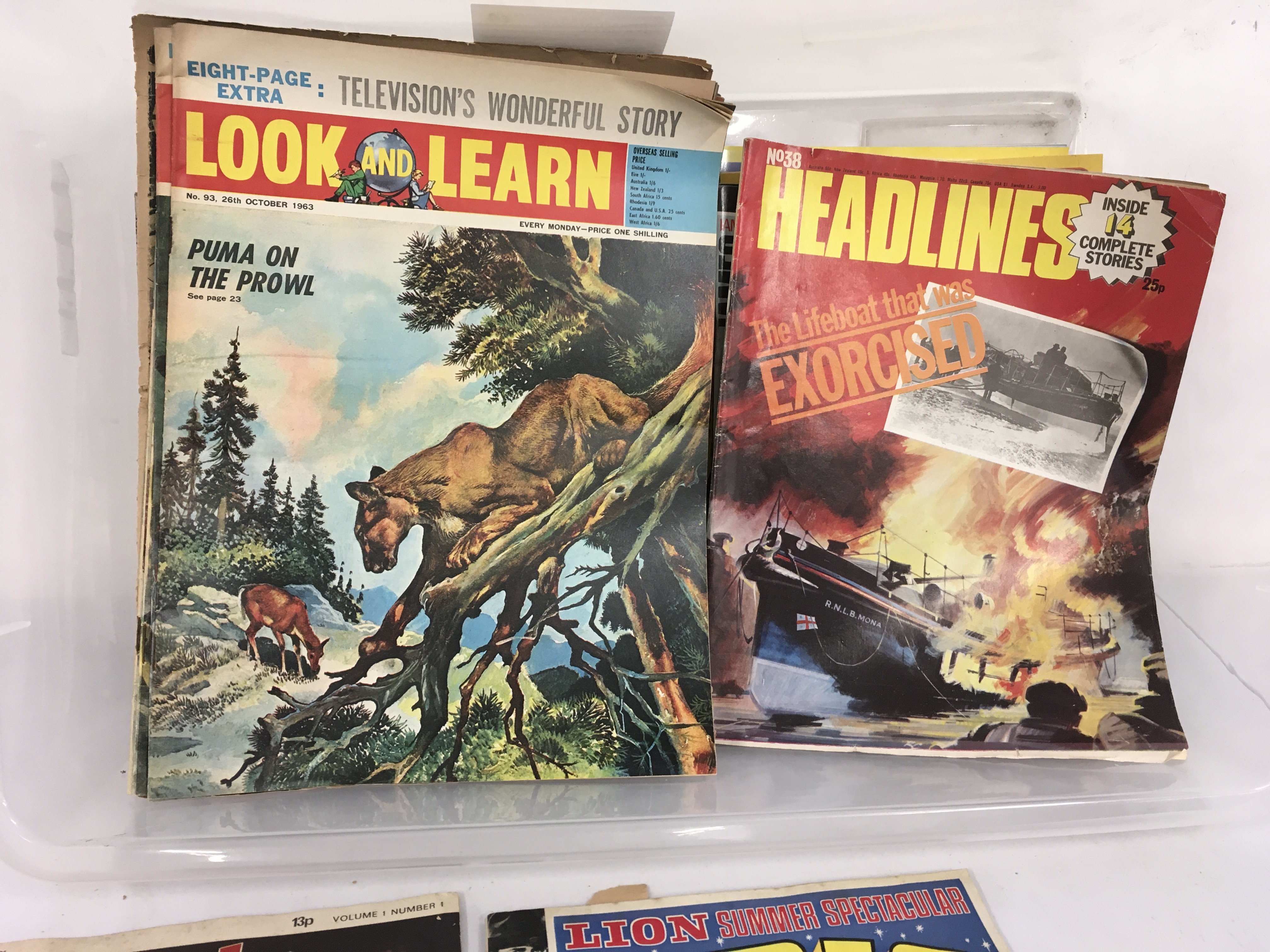 A collection of approximately 100 assorted weekly comics and magazines including Beano..Look and Learn..Headlines..Maple Town.. War Picture Library plus many other titles. No reserve.