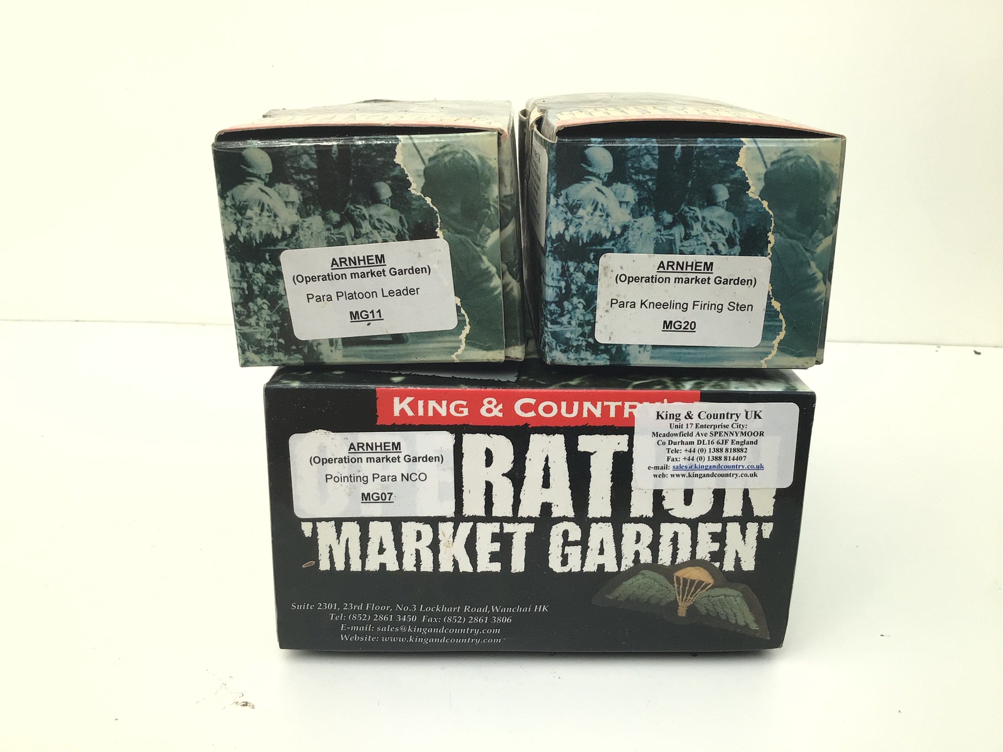 3 boxed King and Country Minature Military models from the Arnhem series featuring Operation Market Garden includes MG 07 Pointing Para NCO..MG11 Para Platoon Leader..MG20 Para Kneeling firing Sten. no reserve.