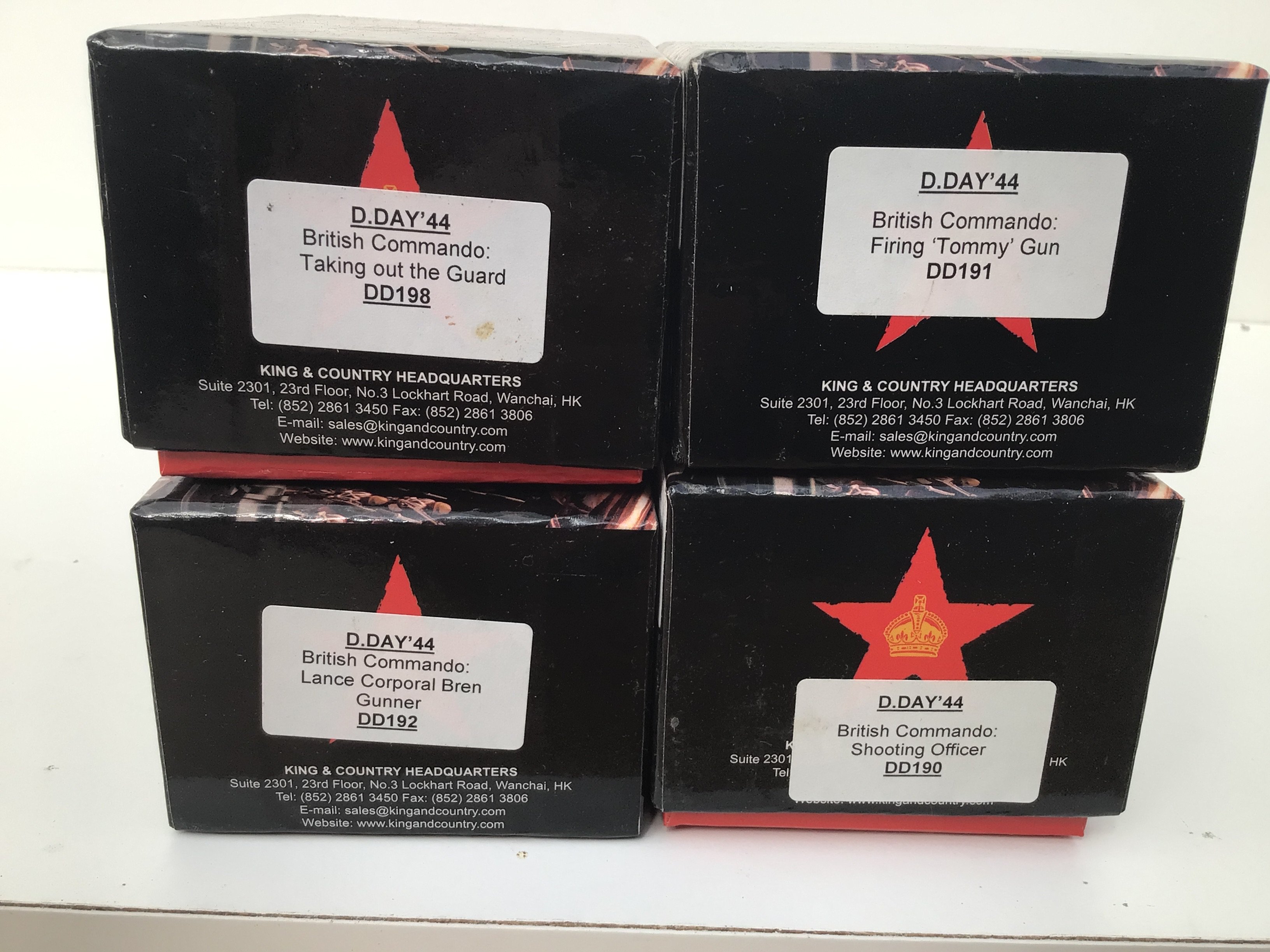 4x boxed King and Country Minature Military models from the D Day 1944 series. Featuring DD190 British Commando shooting officer..DD191 British Commando firing Tommy gun..DD192 British Commando Lance Corporal Bren Gunner..DD198 British Commando Taking out the Guard. No reserve