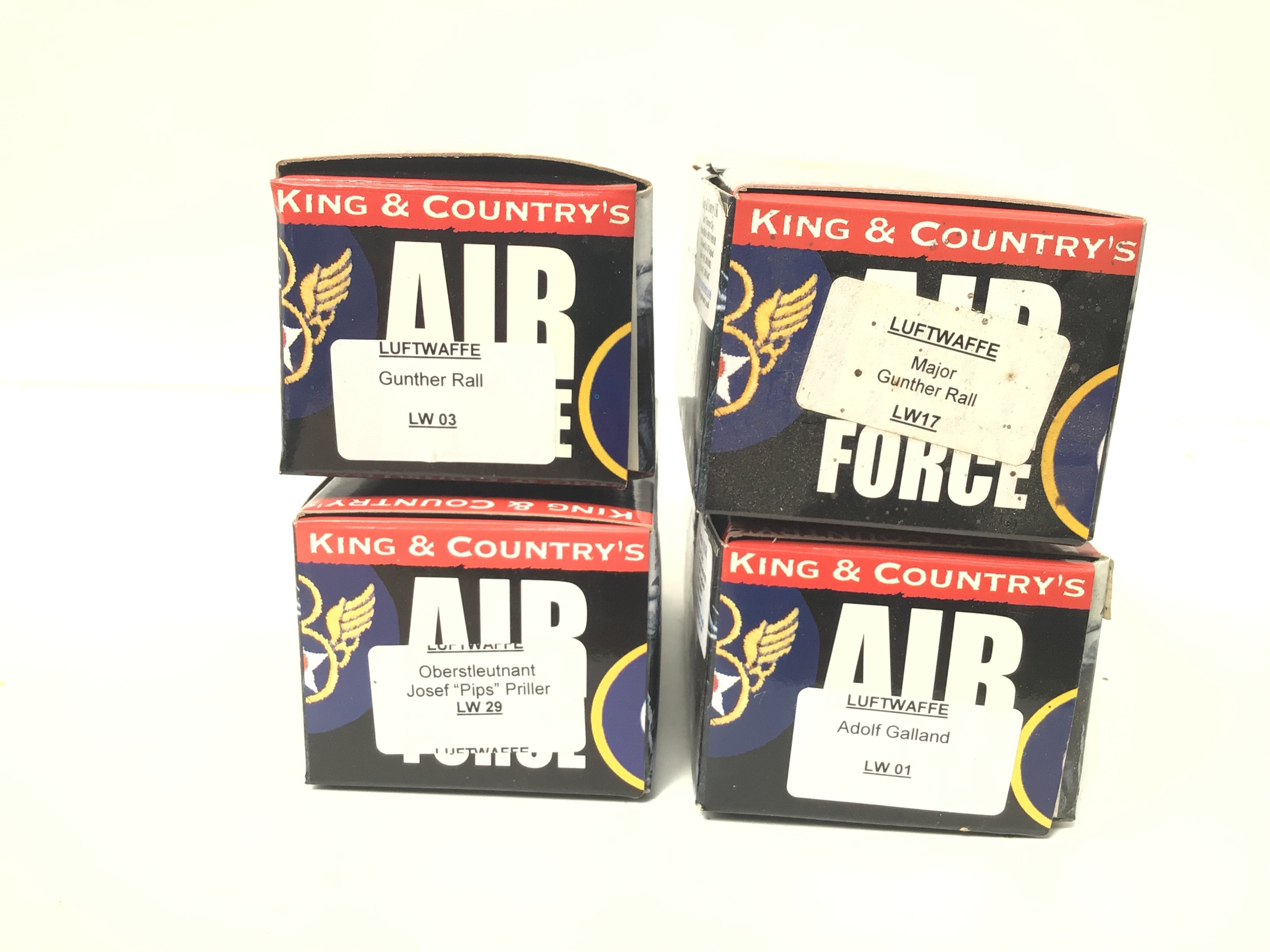 4 x boxed King and Country Minature Military models featuring the Luftwaffe. Including LW01 Adolf Galland..LW03 Gunther Rall..LW17 Major Gunther Rall..LW29 Oberstlieutnant Josef Pips Priller. No reserve