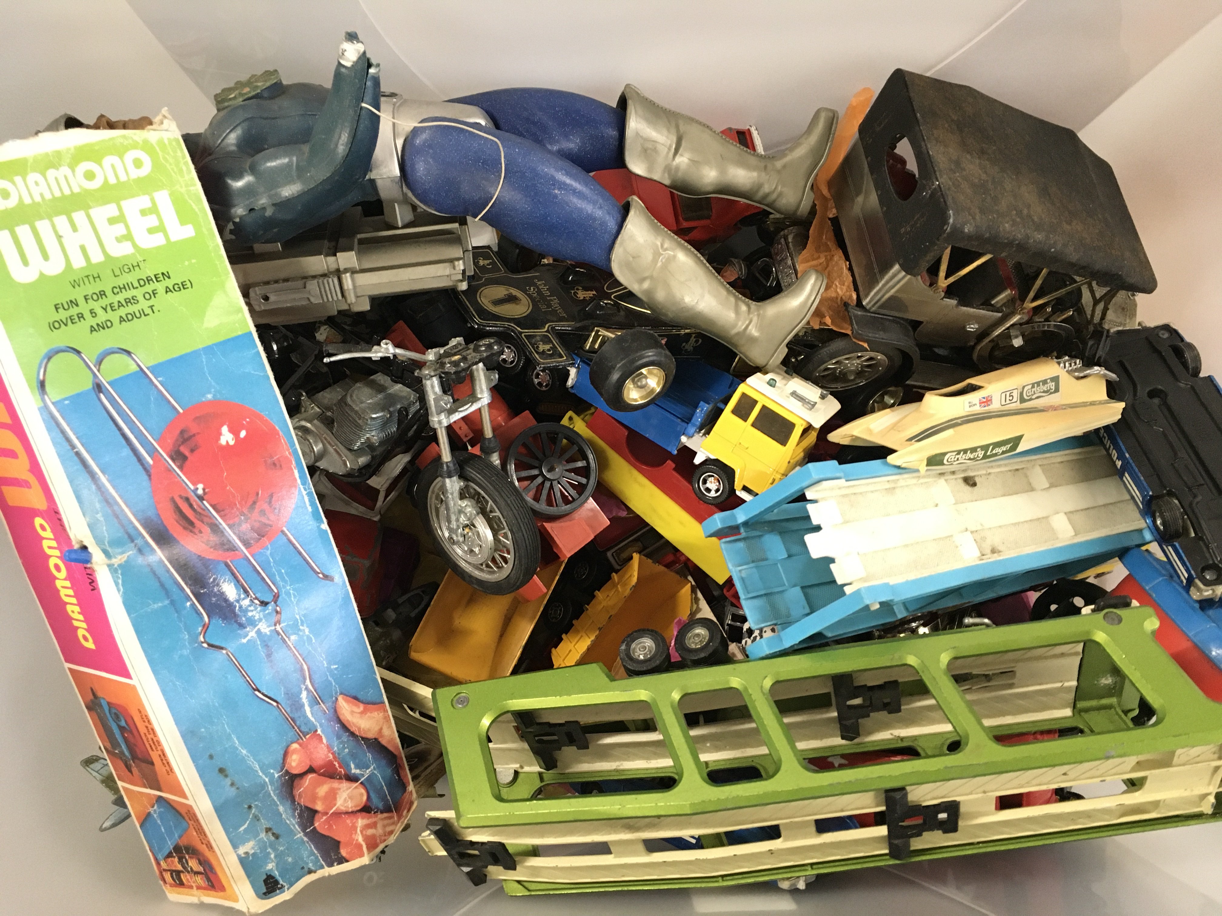 A Box Containing Playworn Diecast Etc. And A Boxed Chad Valley Melody Train. (2).