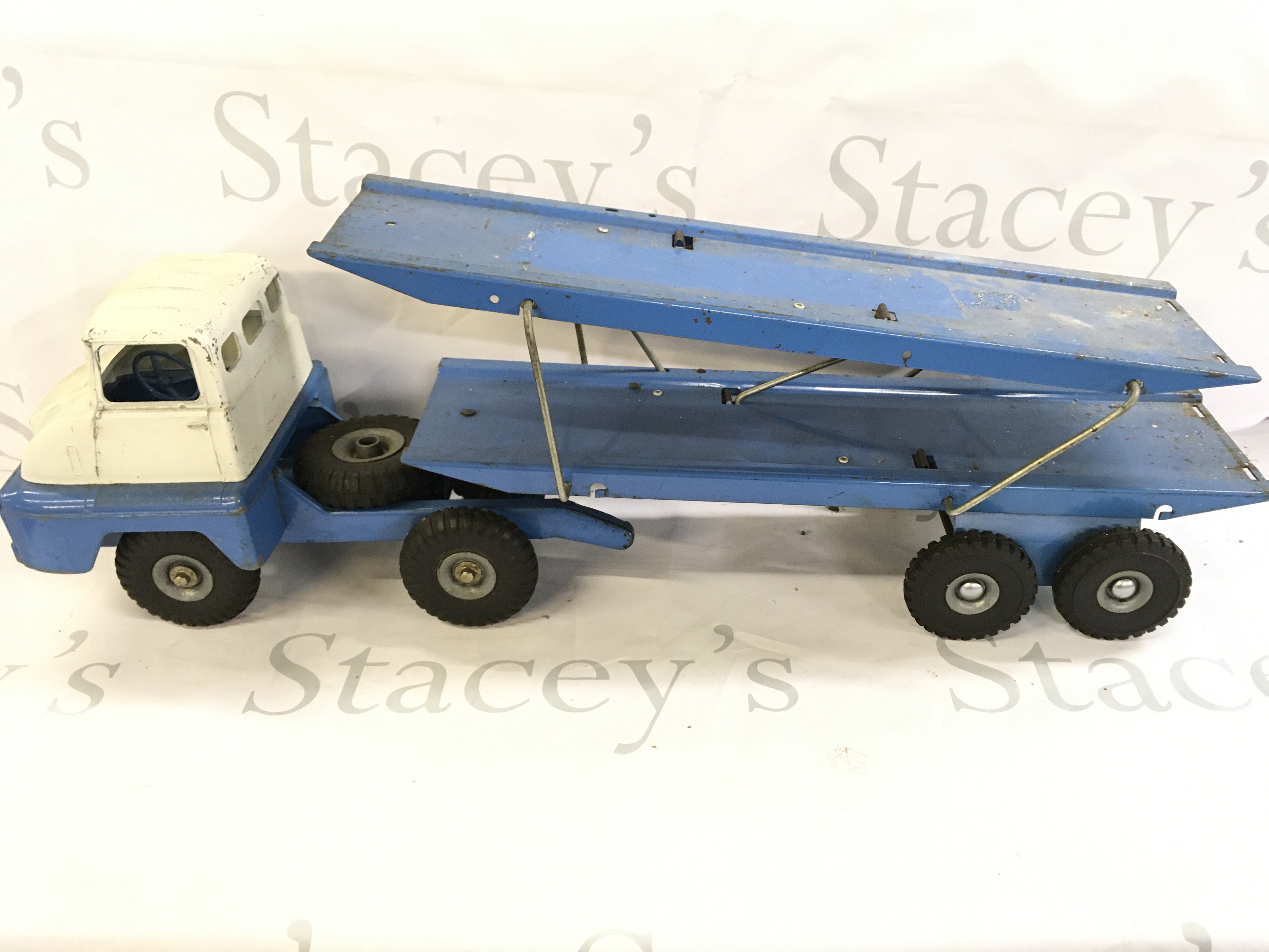 A Tri-Ang Car Transporter. Blue and White.