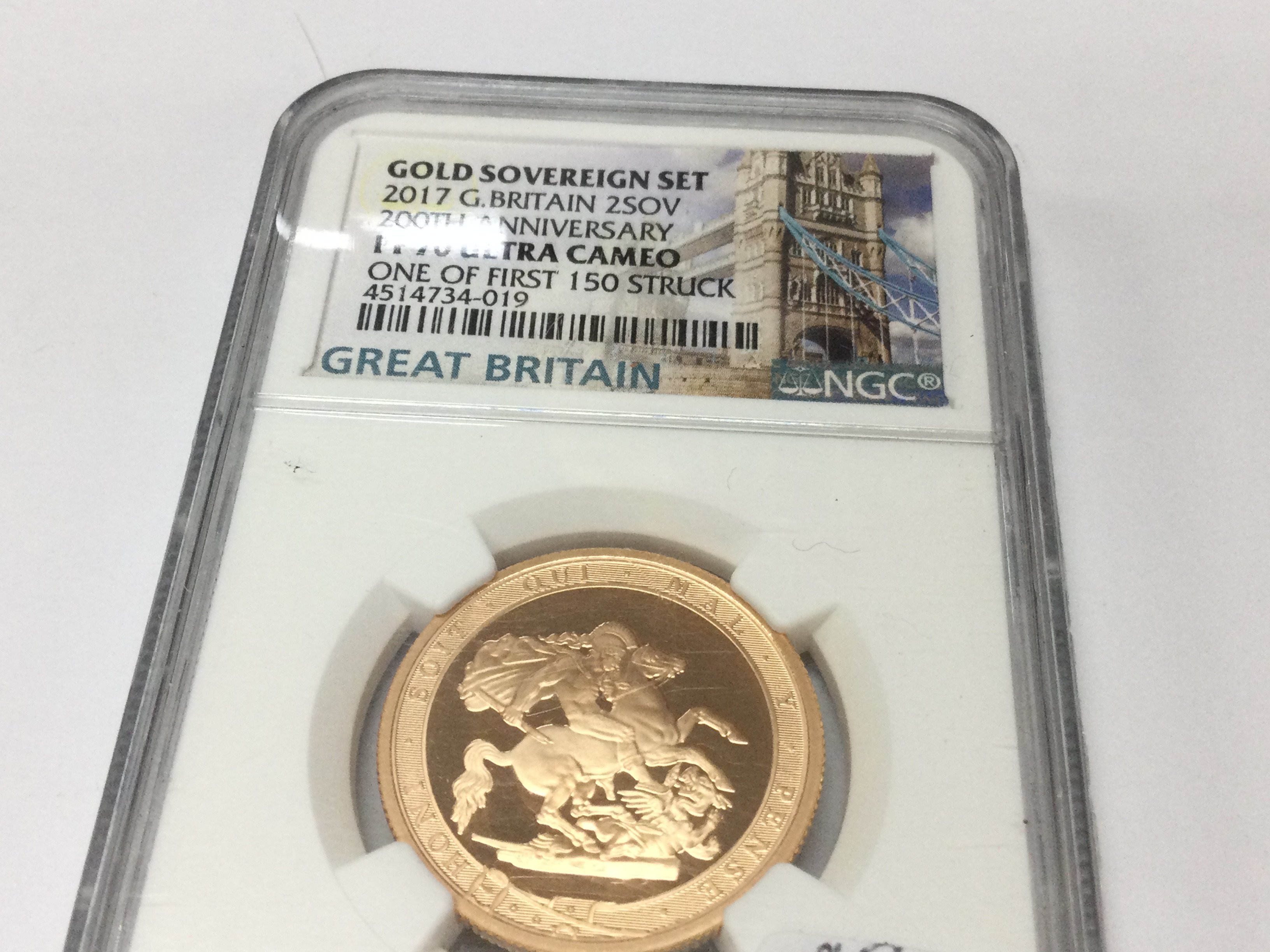 A 2017 PR70 ultra cameo graded gold double sovereign. One of first 150 struck. Postage B