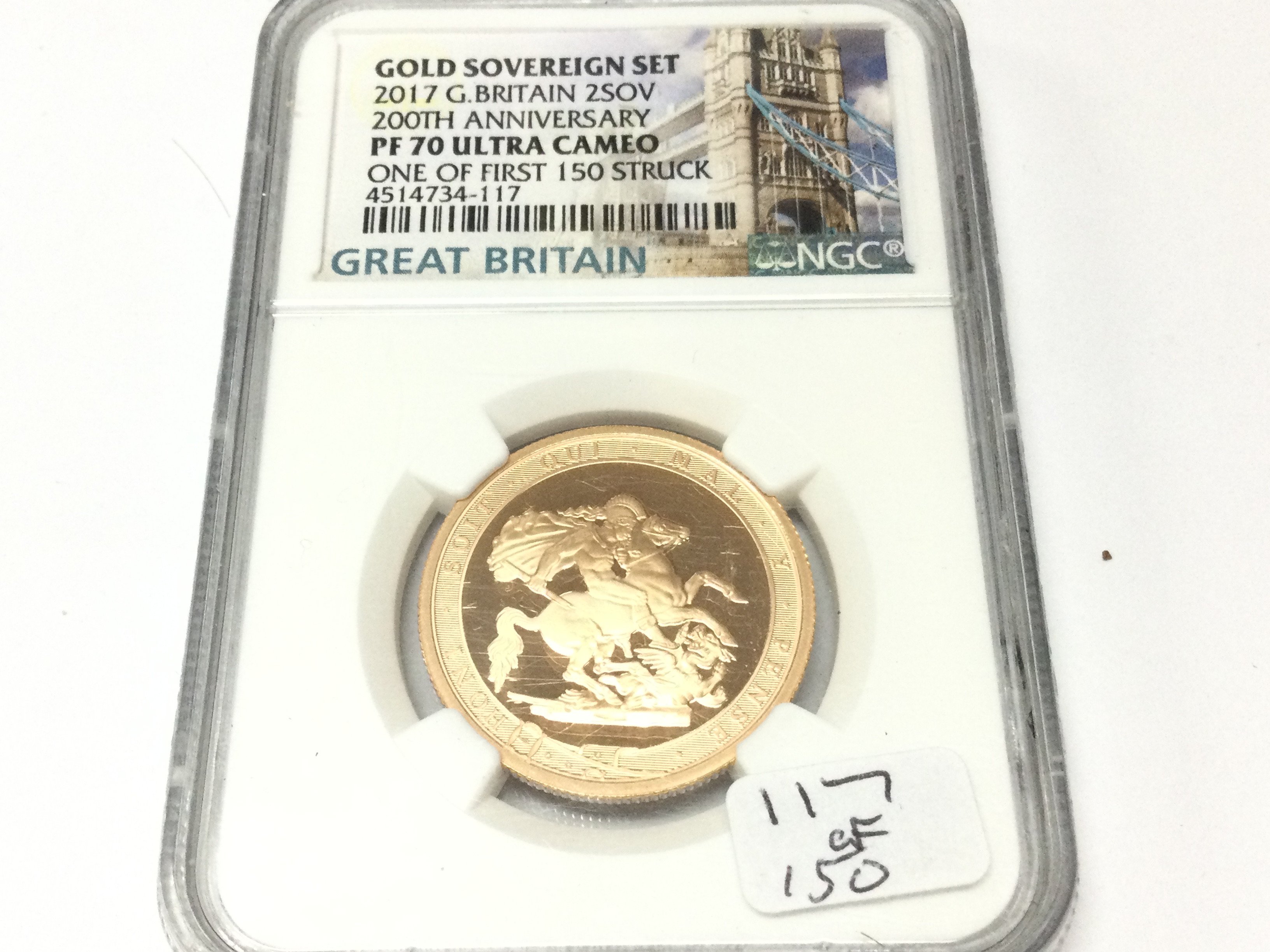 A 2017 PR70 ultra cameo graded gold double sovereign. One of first 150 struck. Postage B
