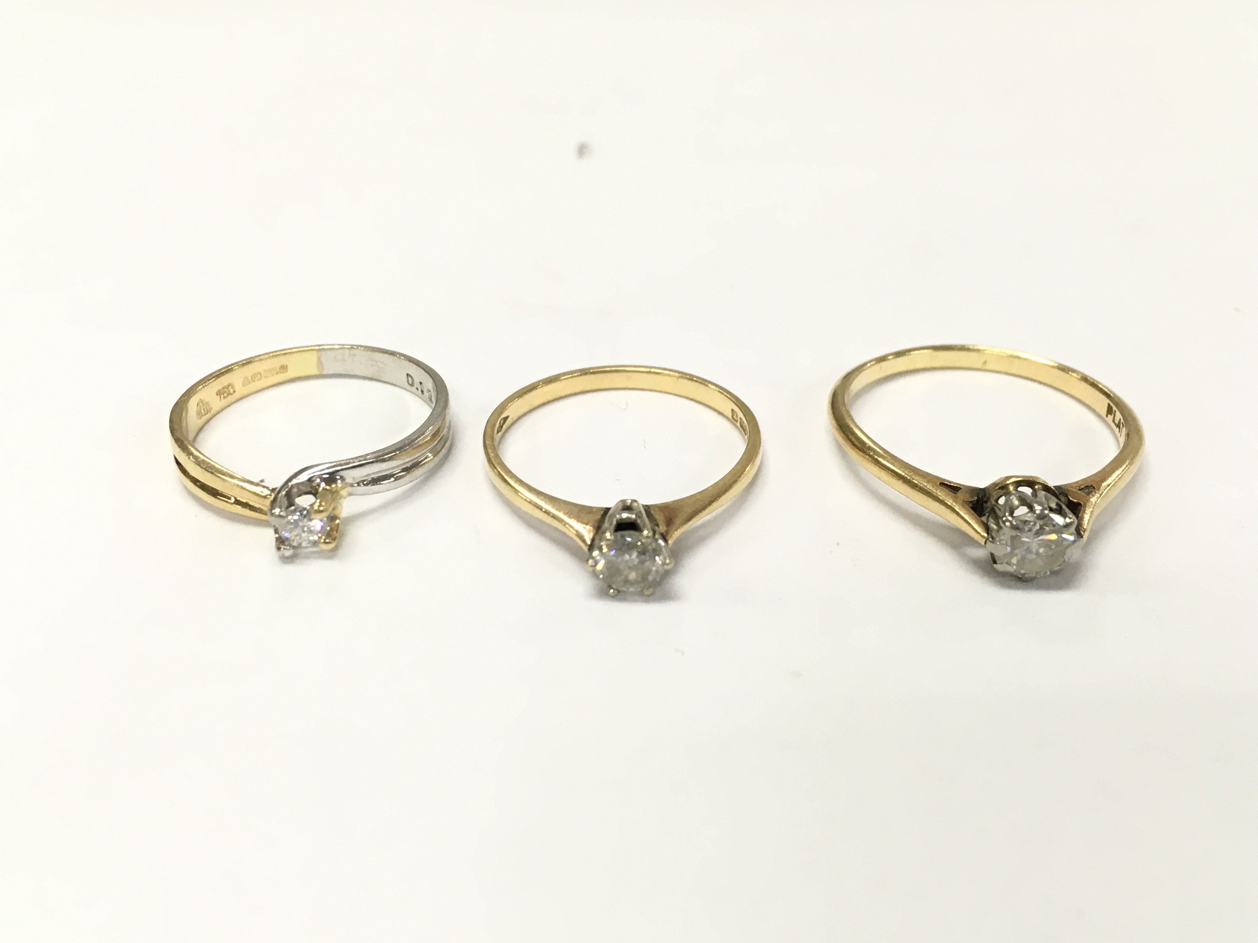 Three 18ct gold diamond solitaire rings sizes M 1/2 N and R approximately 7g