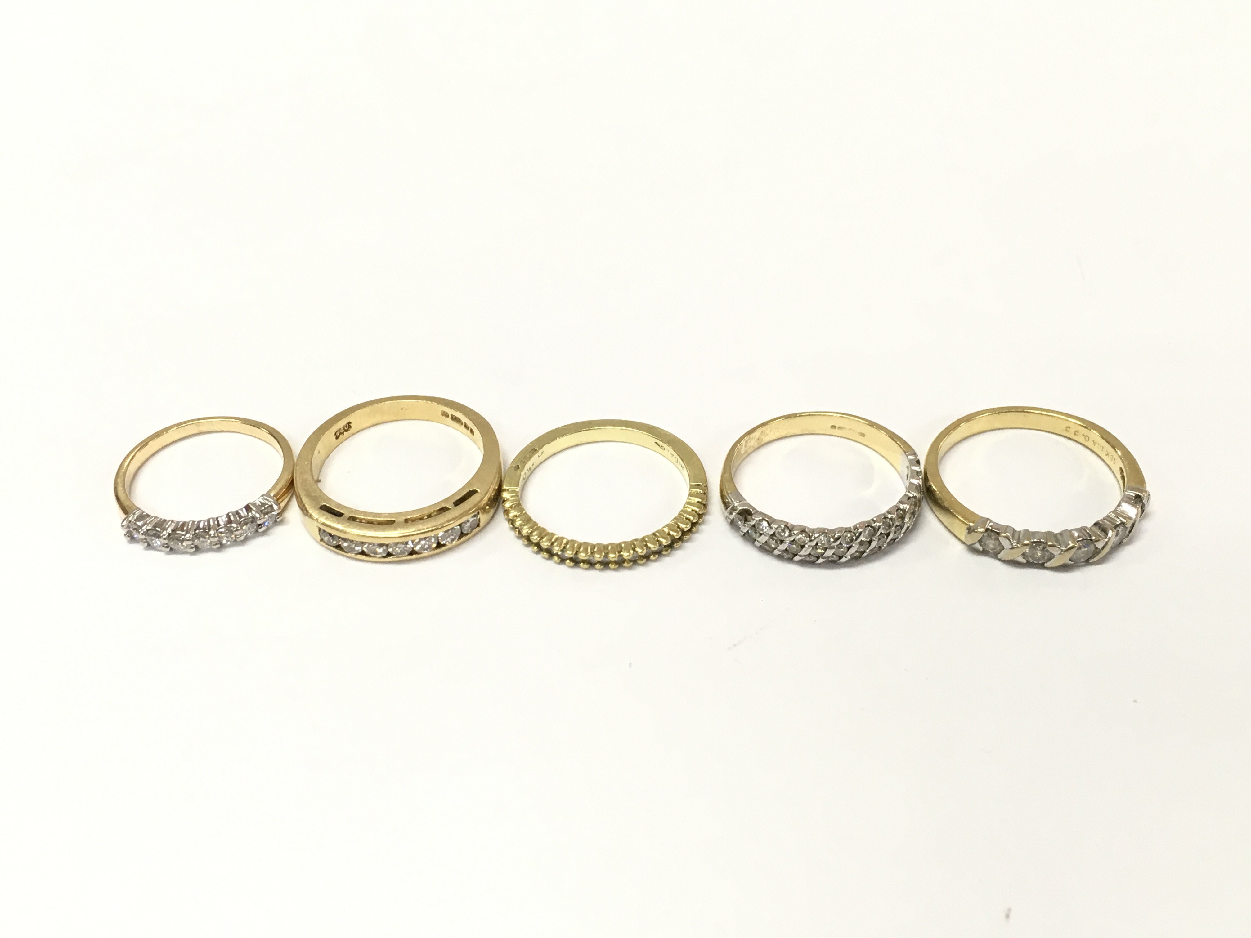 Five 18ct gold 1/2 hoop diamond rings. Sizes I1/2 M N P approximately 16g