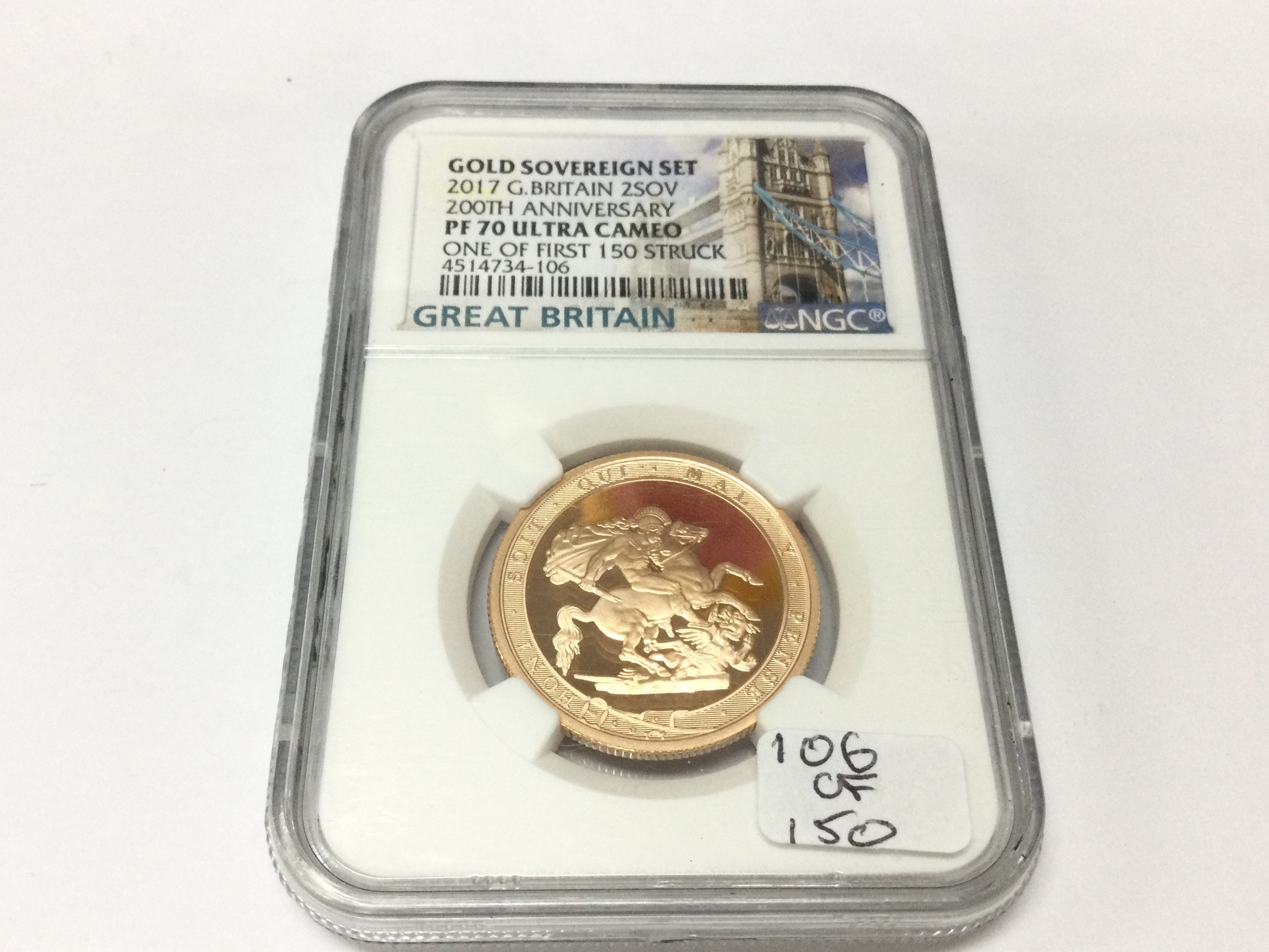 A 2017 PR70 ultra cameo graded gold double sovereign. One of first 150 struck. Postage B