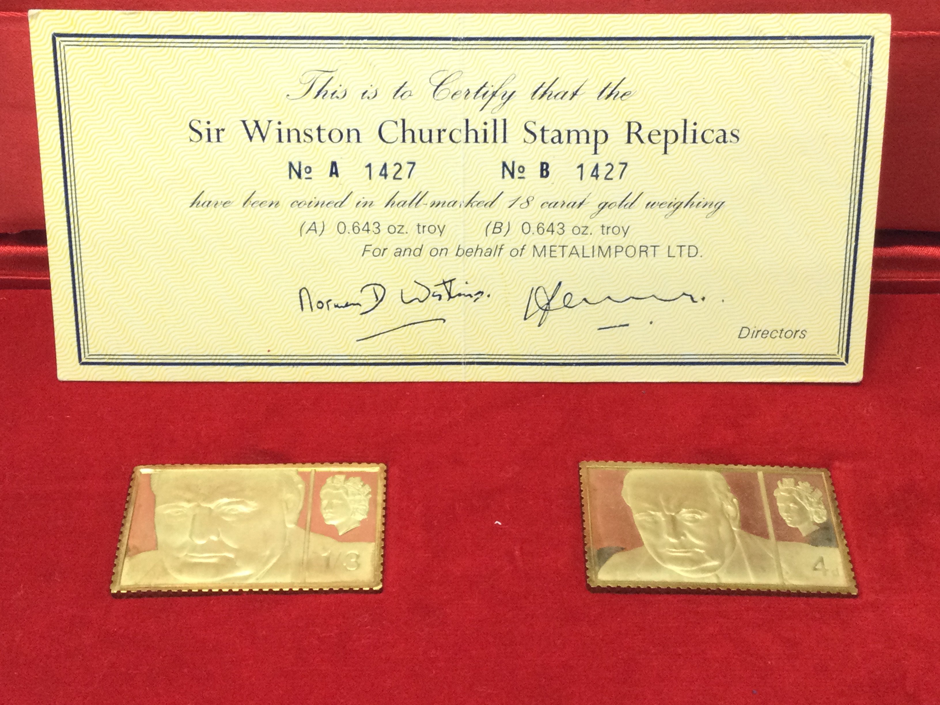 A set of Winston Churchill 18ct gold stamp ingots. 40.35g total. Postage B