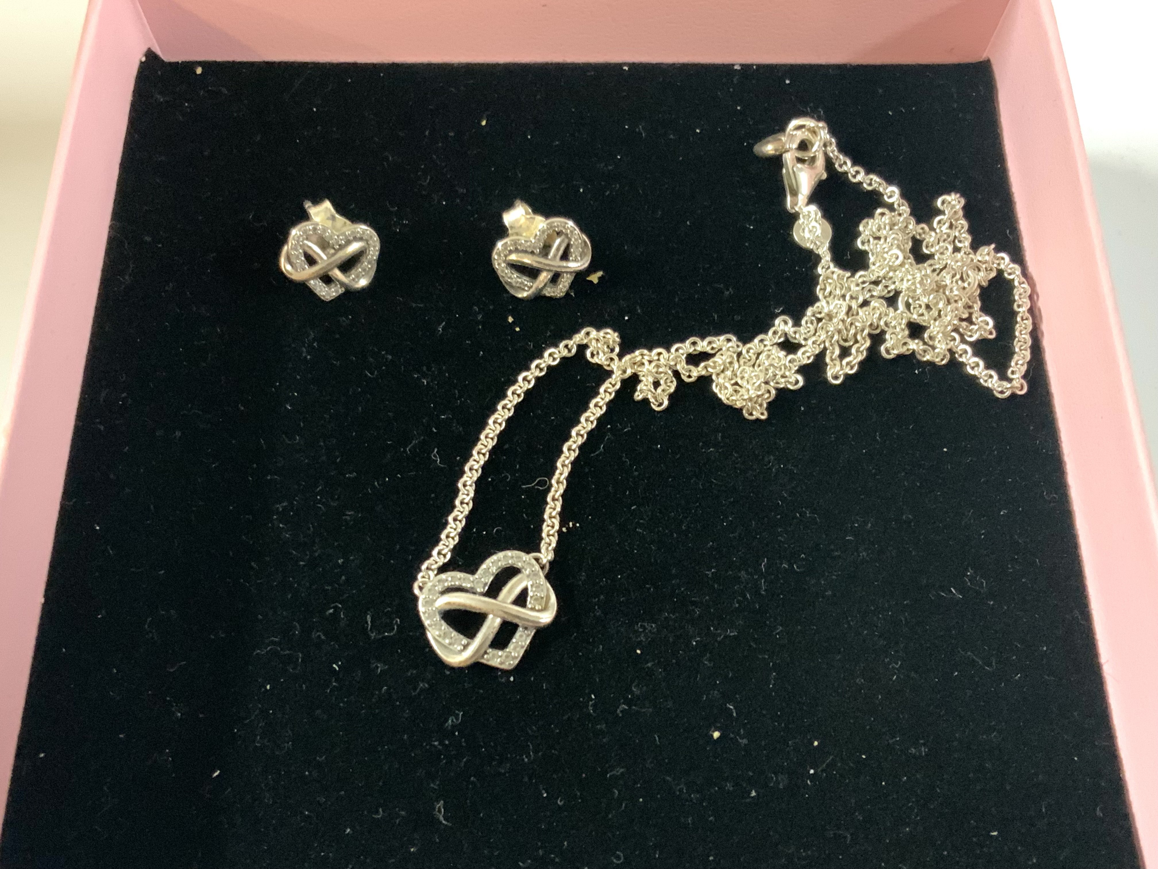 A sterling silver Pandora suite of jewellery (pendant/chain and stud earrings).