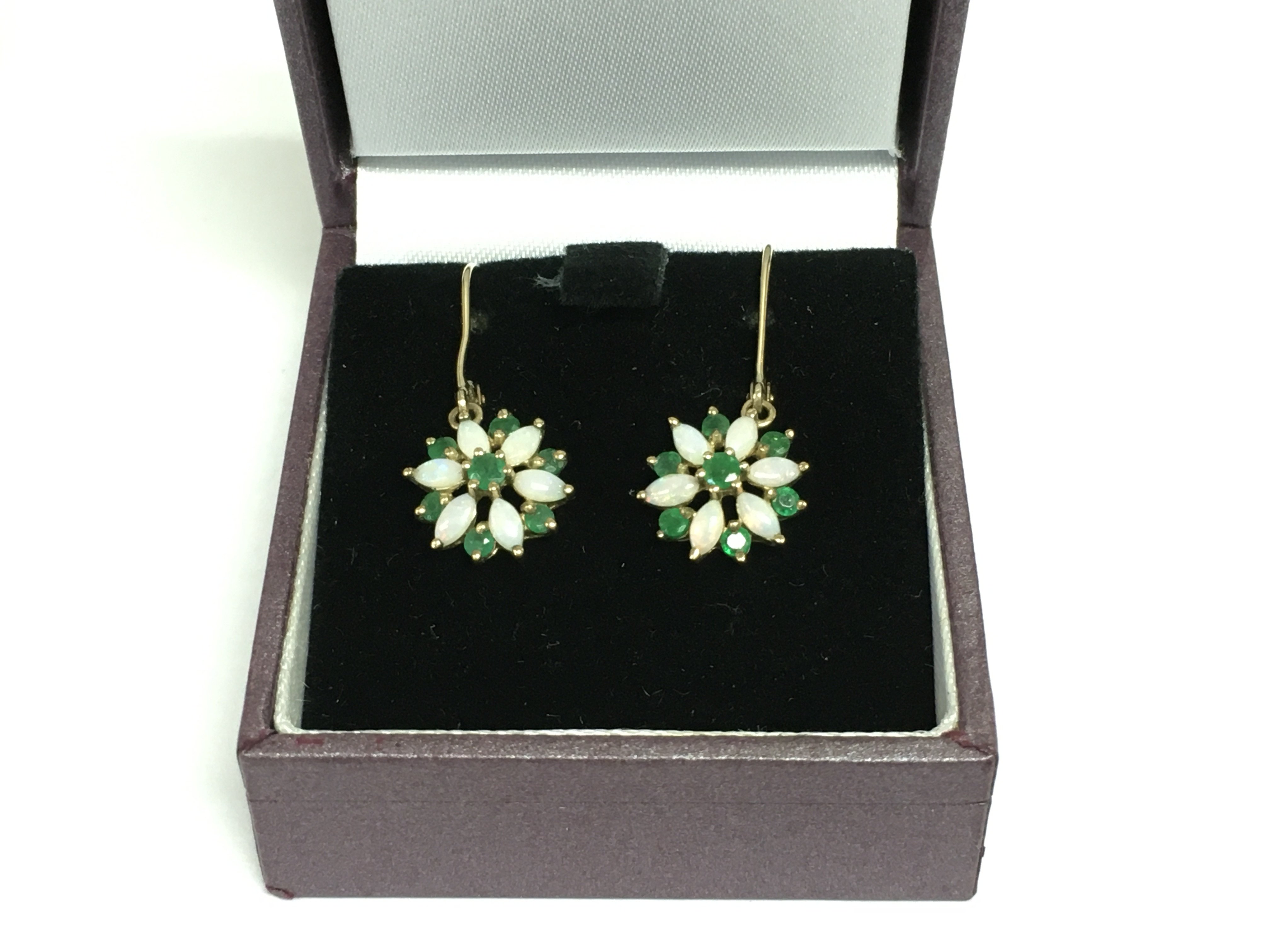 A pair of 9c gold emerald and opal earrings, approx 1.9. Shipping category A.
