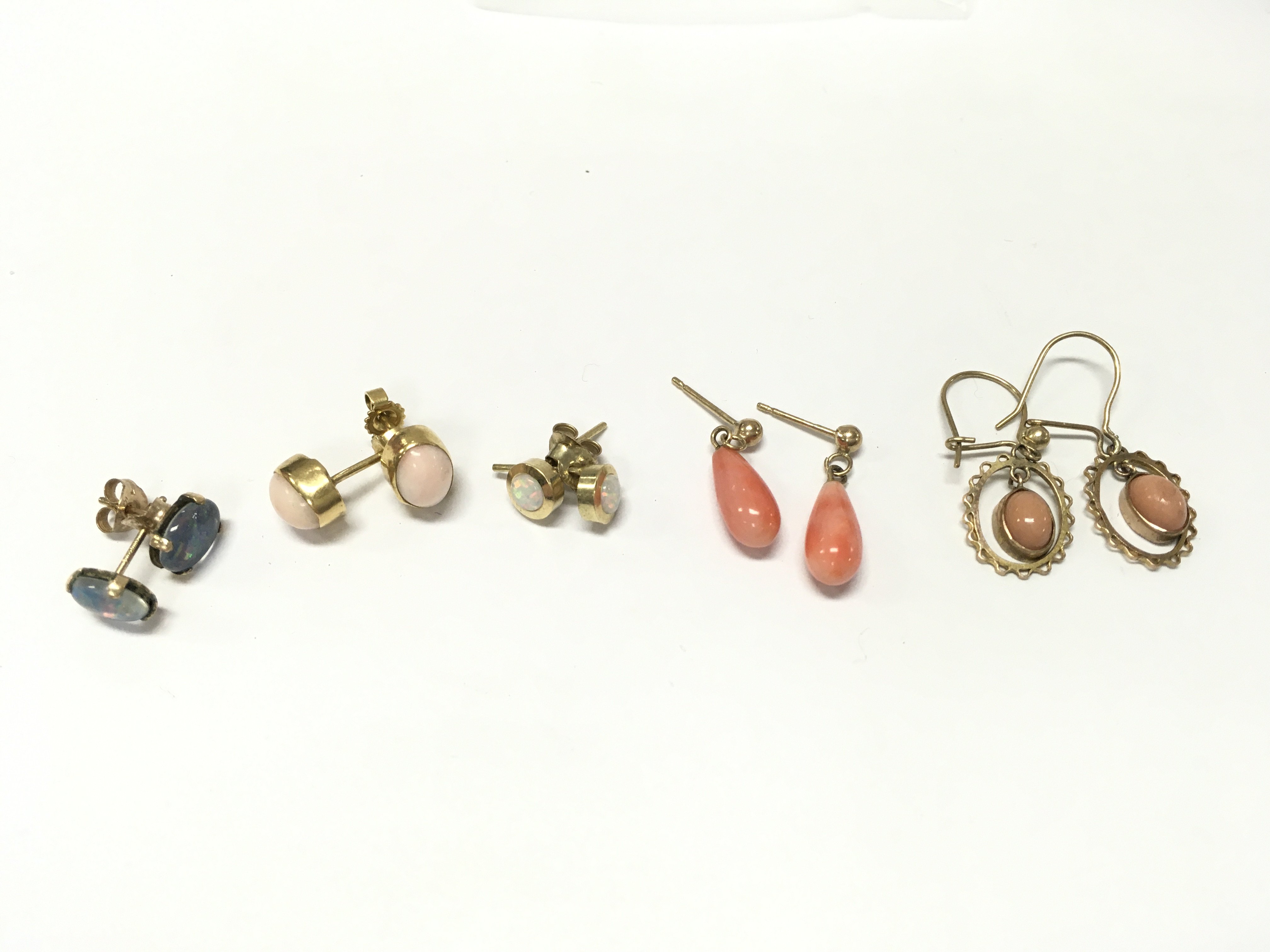 9ct gold Earrings set with various stones including coral , Opal etc. 6.9g total weight . postage category A