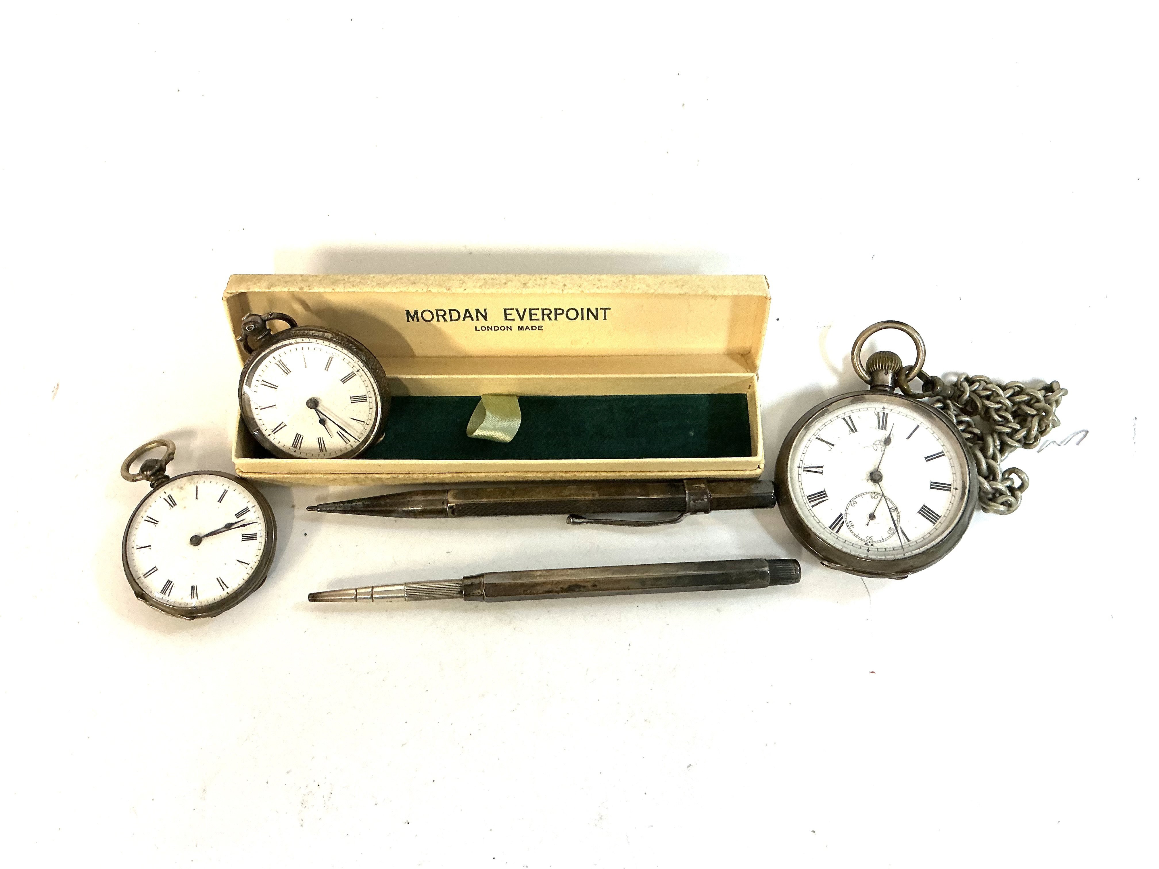 2 sterling silver Morgan pencils together with 3 silver cased pocket watches.