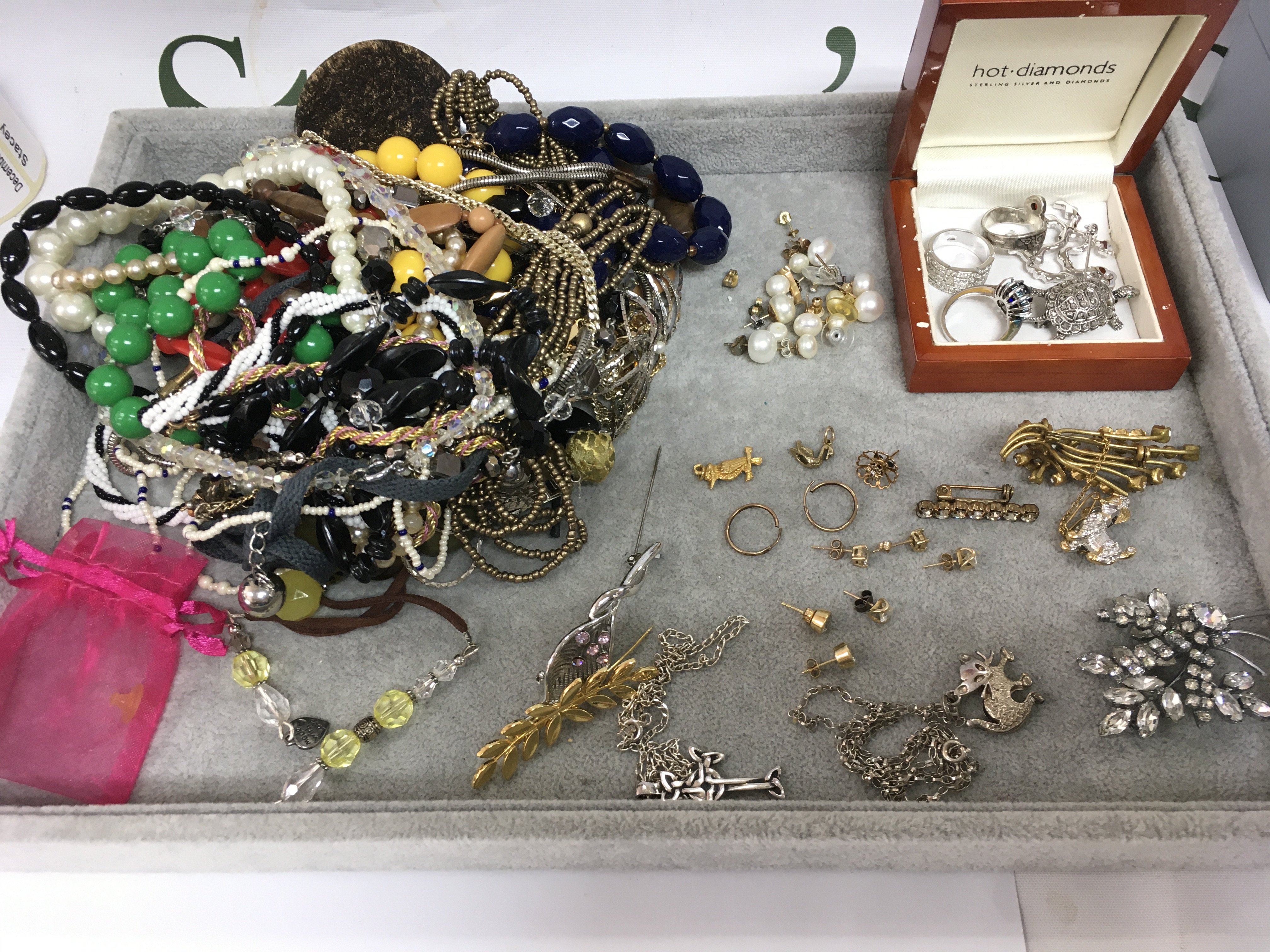 A collection of costume jewellery including some gold earrings, pendants etc. Shipping category B.