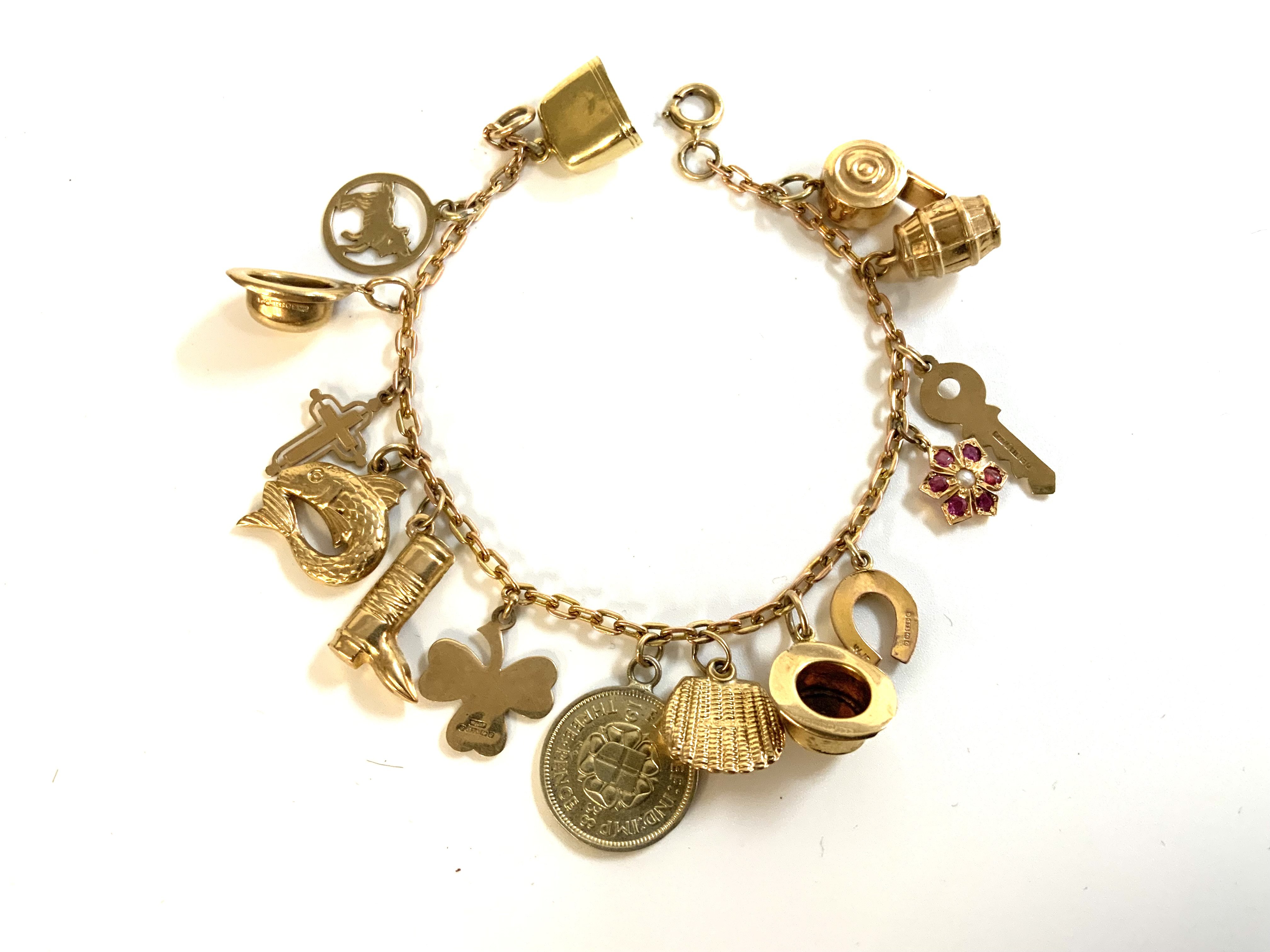A 9ct gold charm bracelet, various charms.