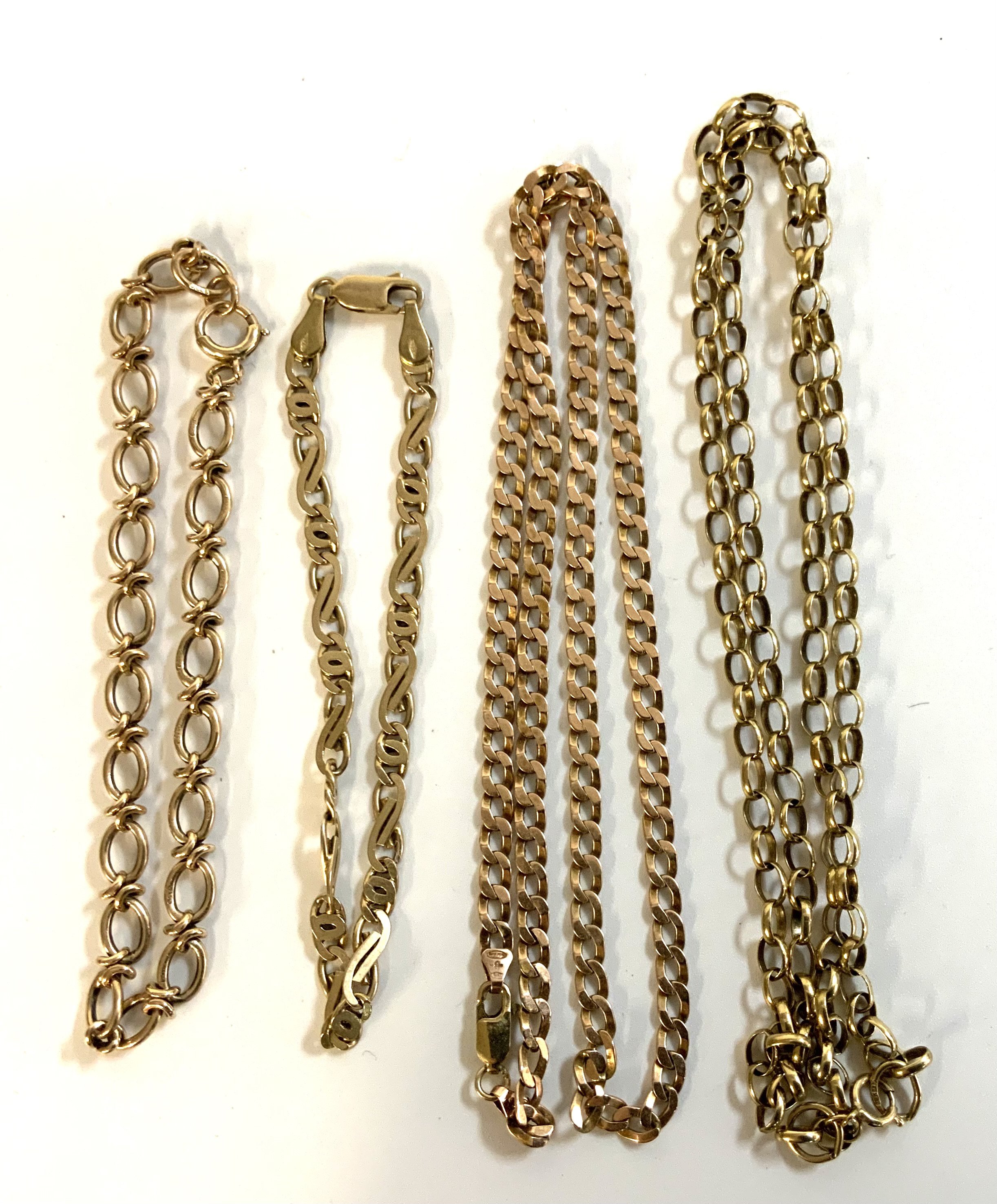 2 9ct gold bracelets together with 2 9ct gold chains. (A)