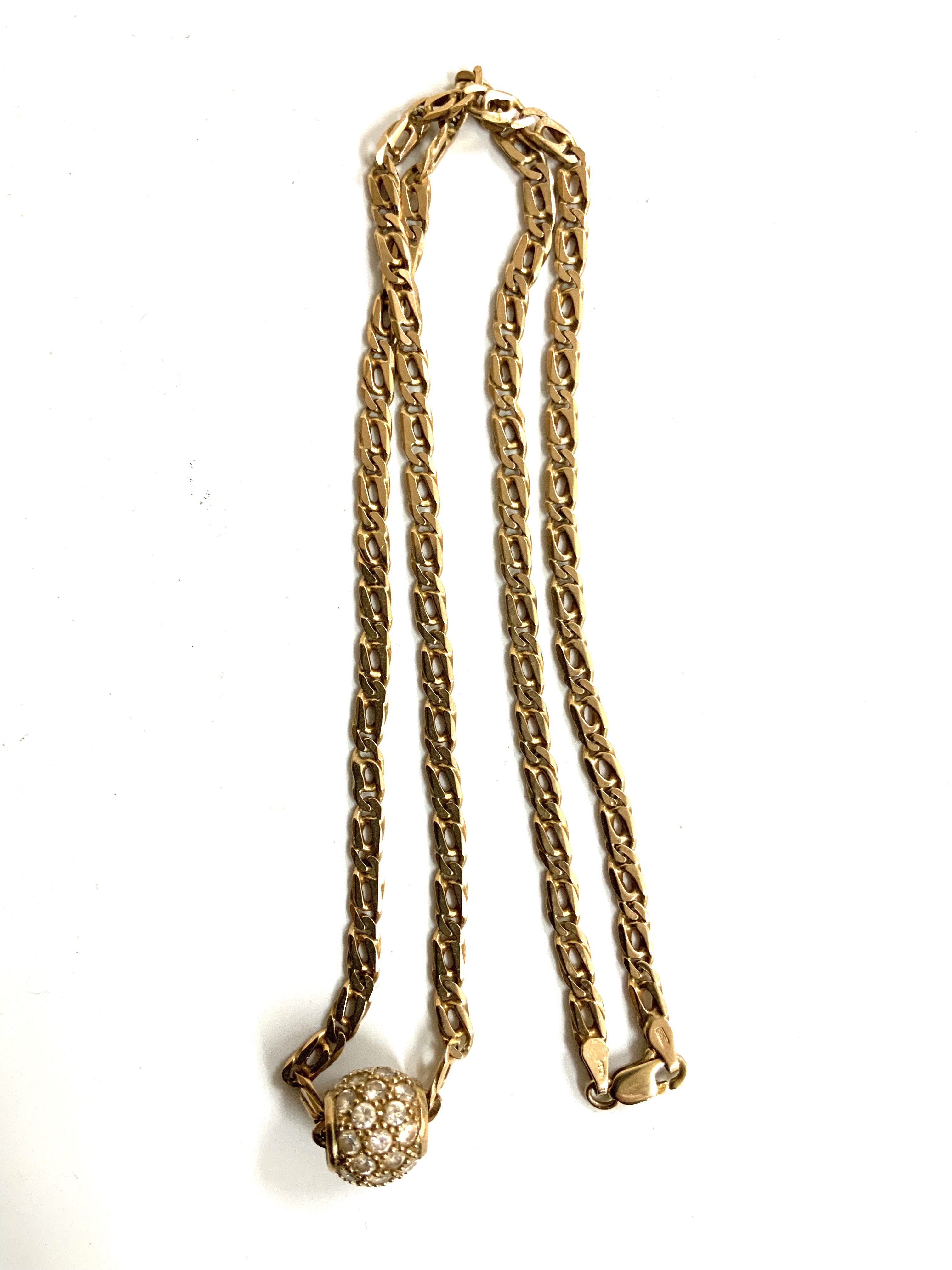 a 9ct gold open chain link necklace with stone set ball pendant. (A)