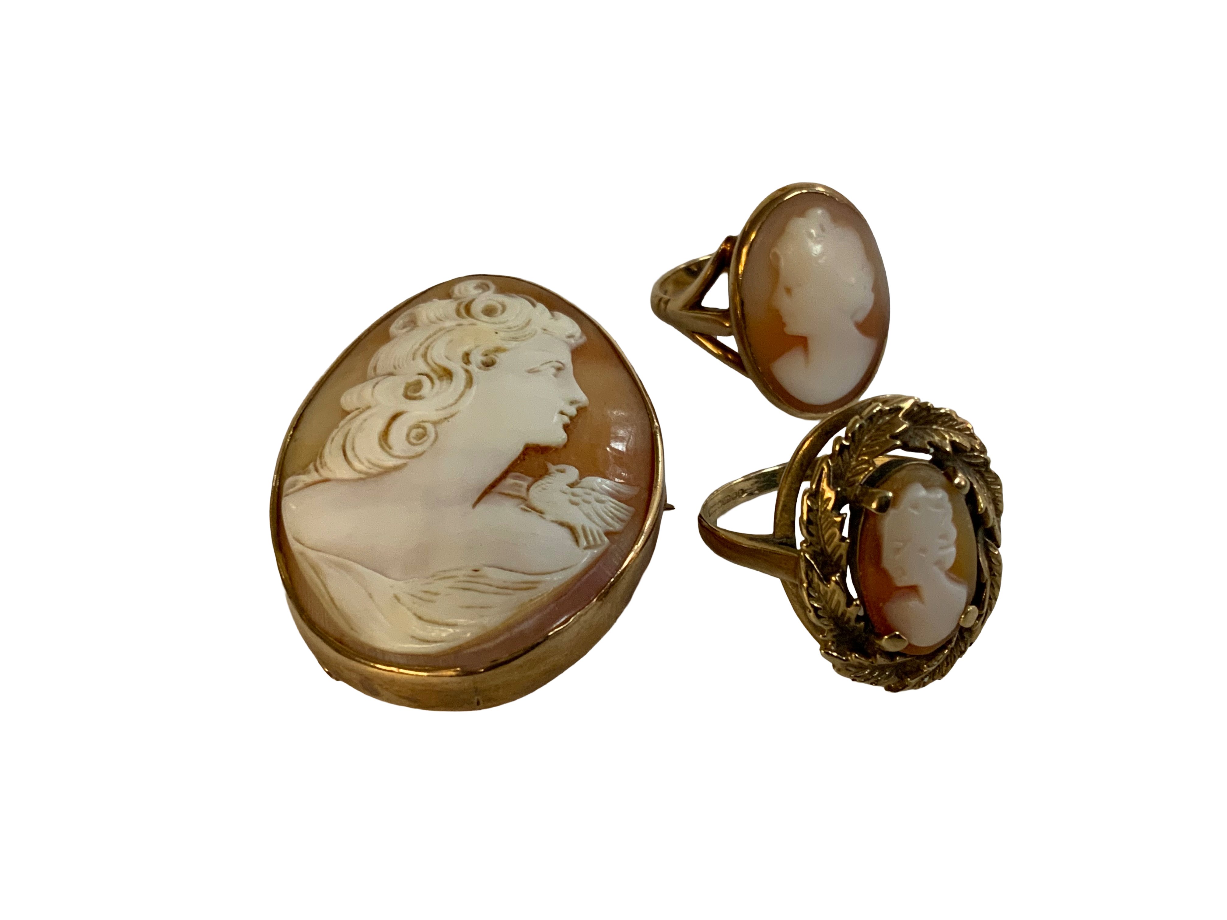 2 9ct gold mounted cameo rings together with a yellow metal mounted cameo brooch. (A)