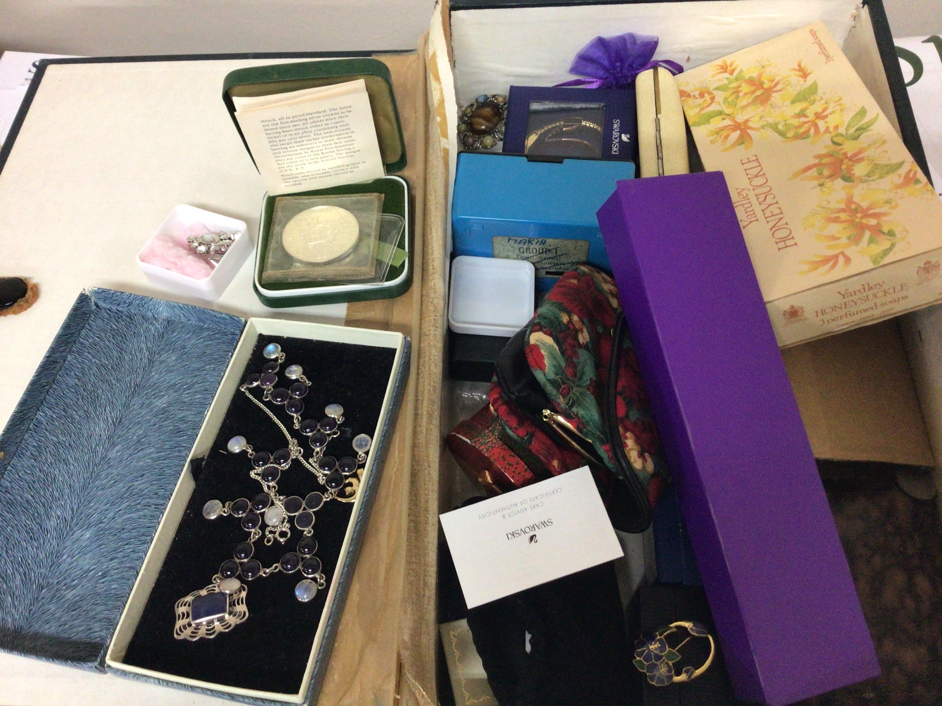 A box containing a quantity of costume jewellery including silver jewellery coins and other oddments.