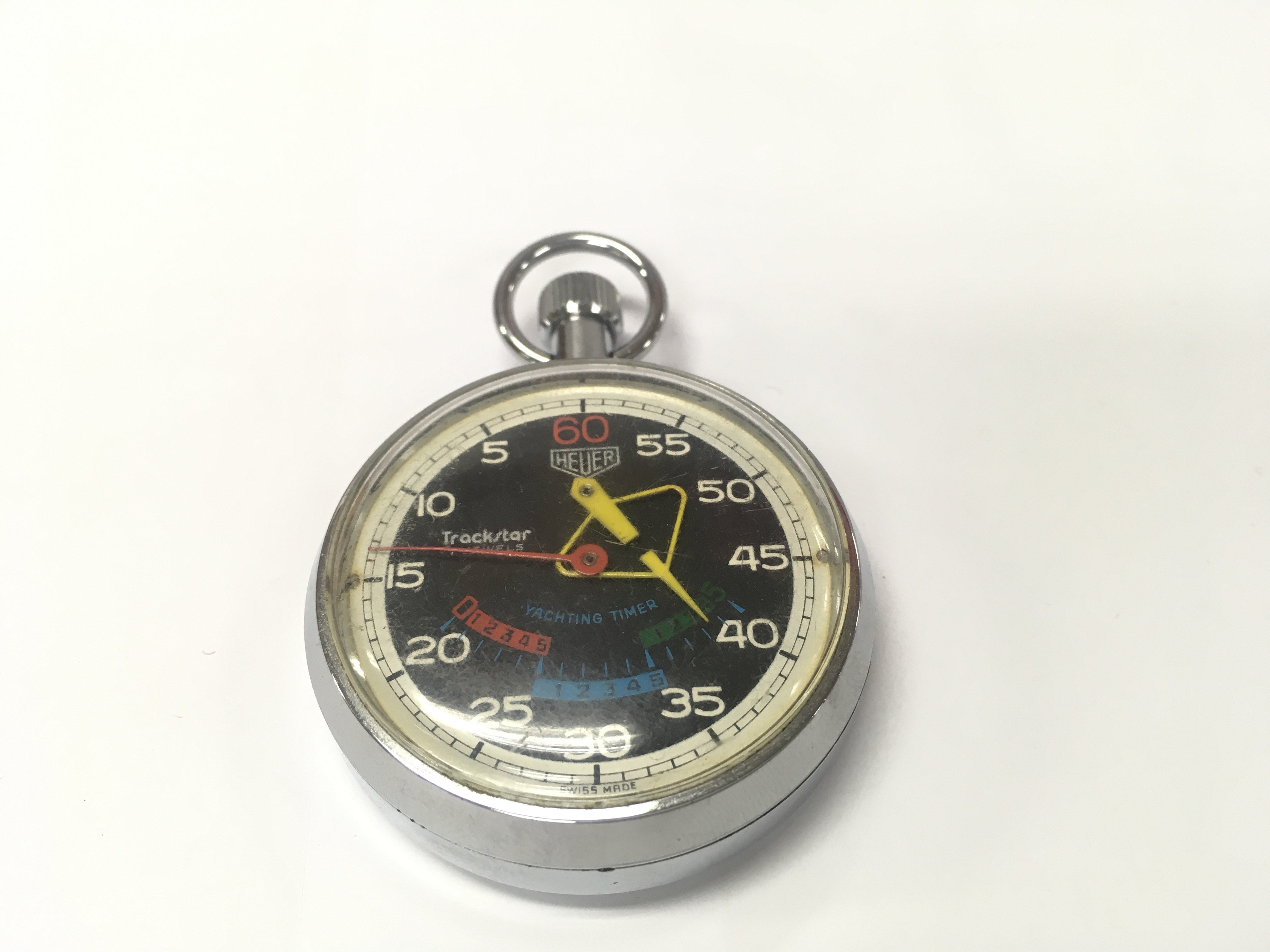 A vintage Heuer trackstar stop watch. Seen running. Approximately 50mm case diameter