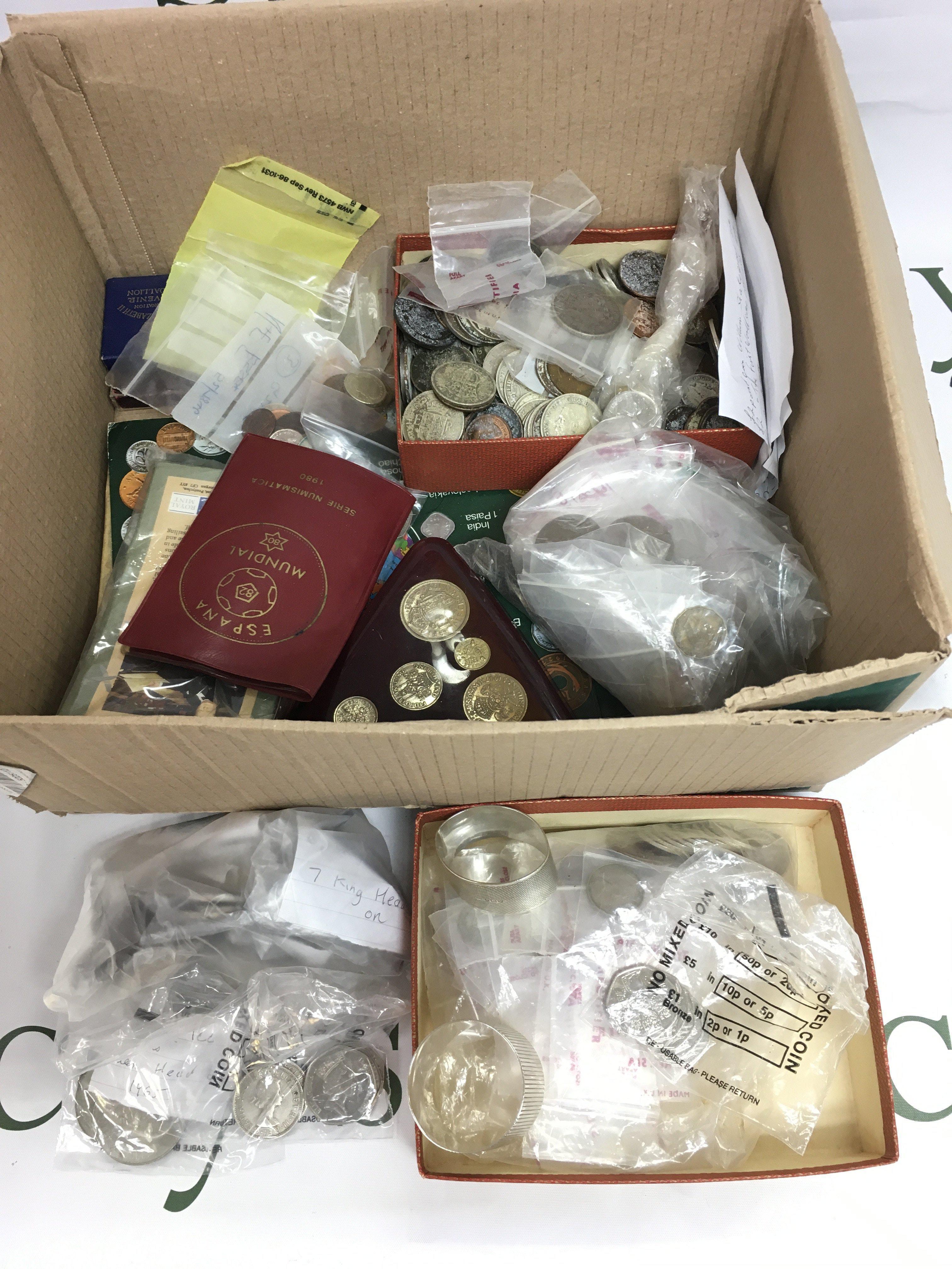 A collection of mainly GB coinage, two silver napkin rings etc. Shipping category D.