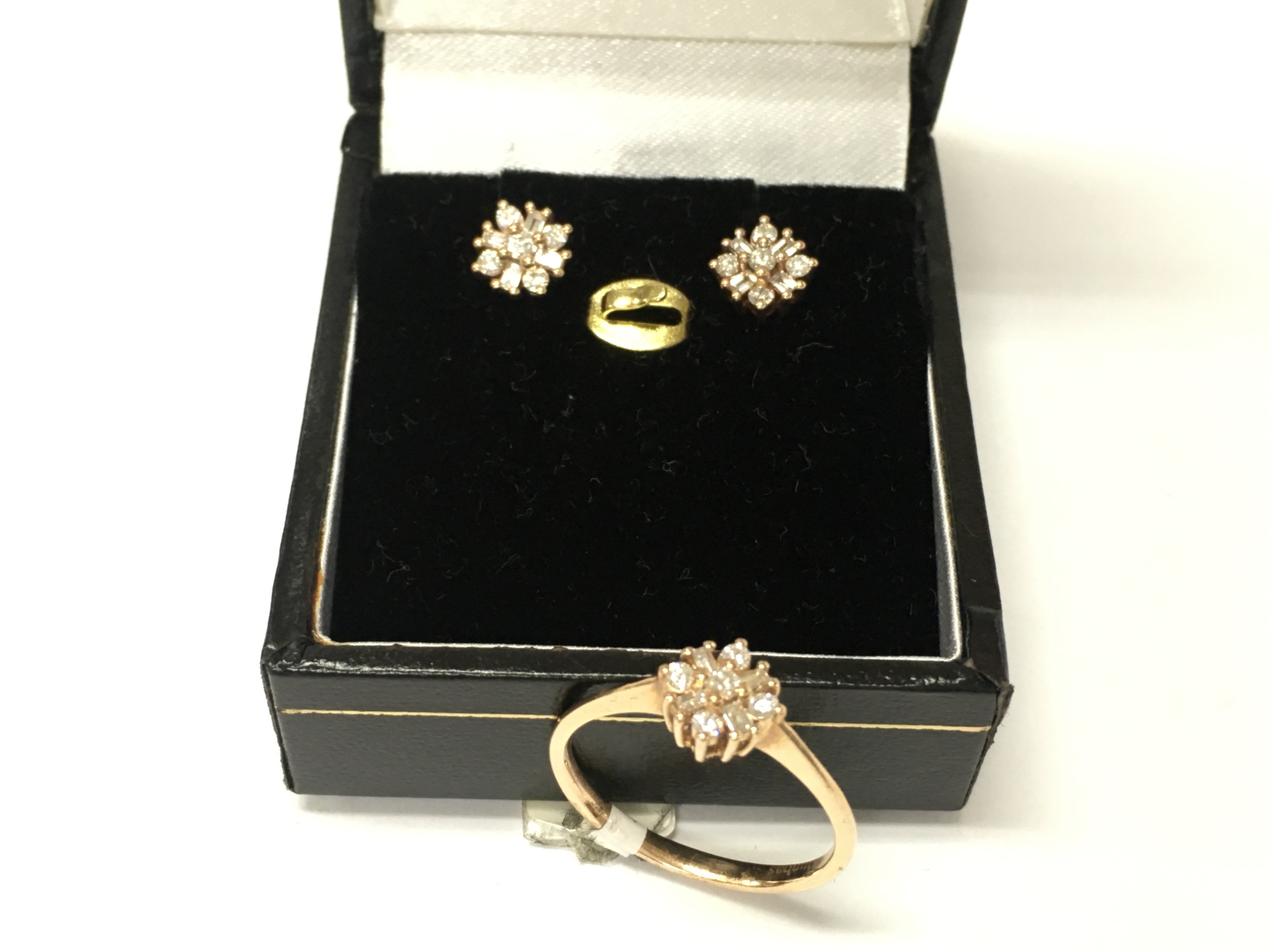 14ct rose gold diamond set ring and earrings. Ring size N 1/2