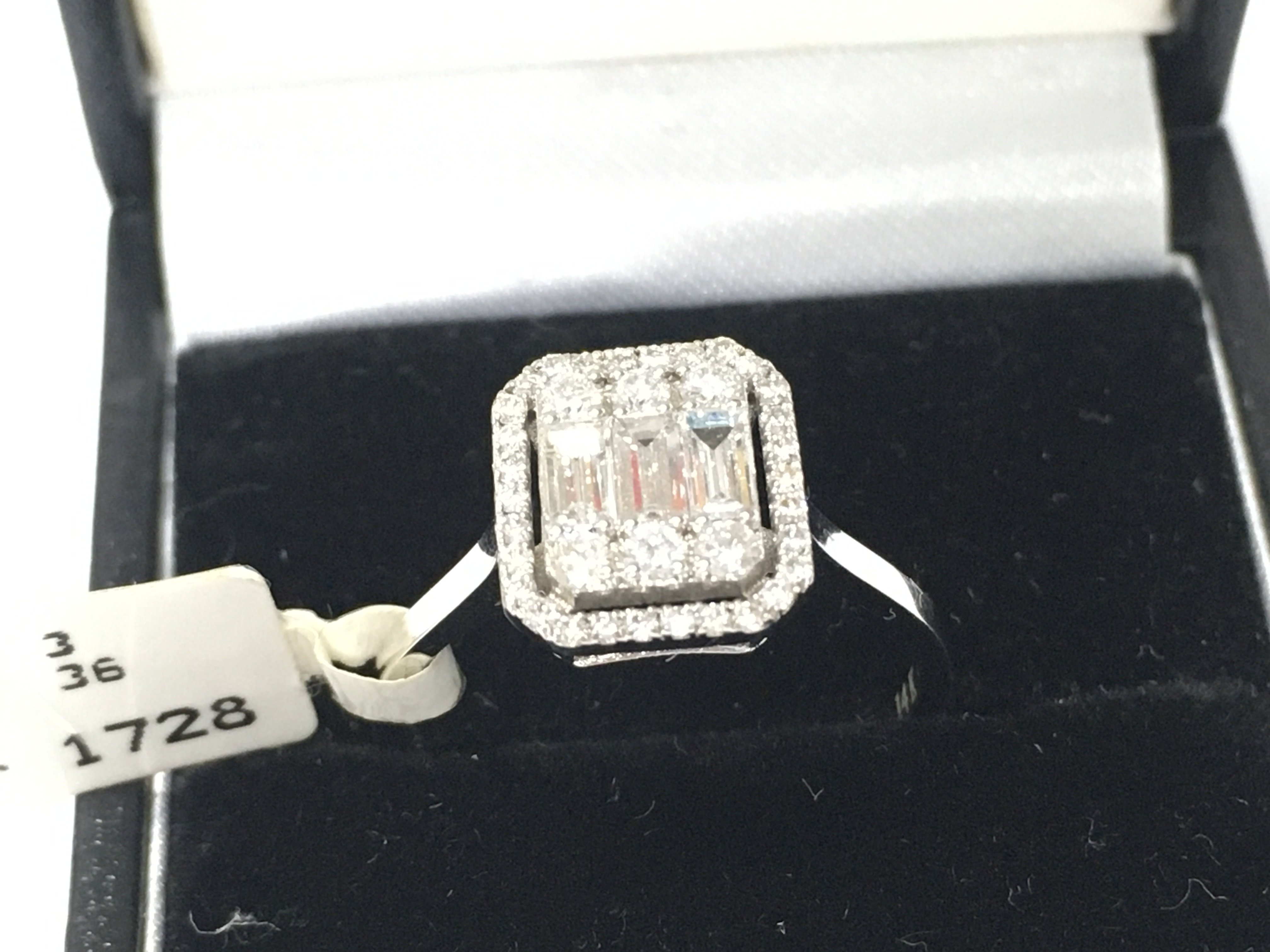 14ct white gold square diamond cluster ring. Size N