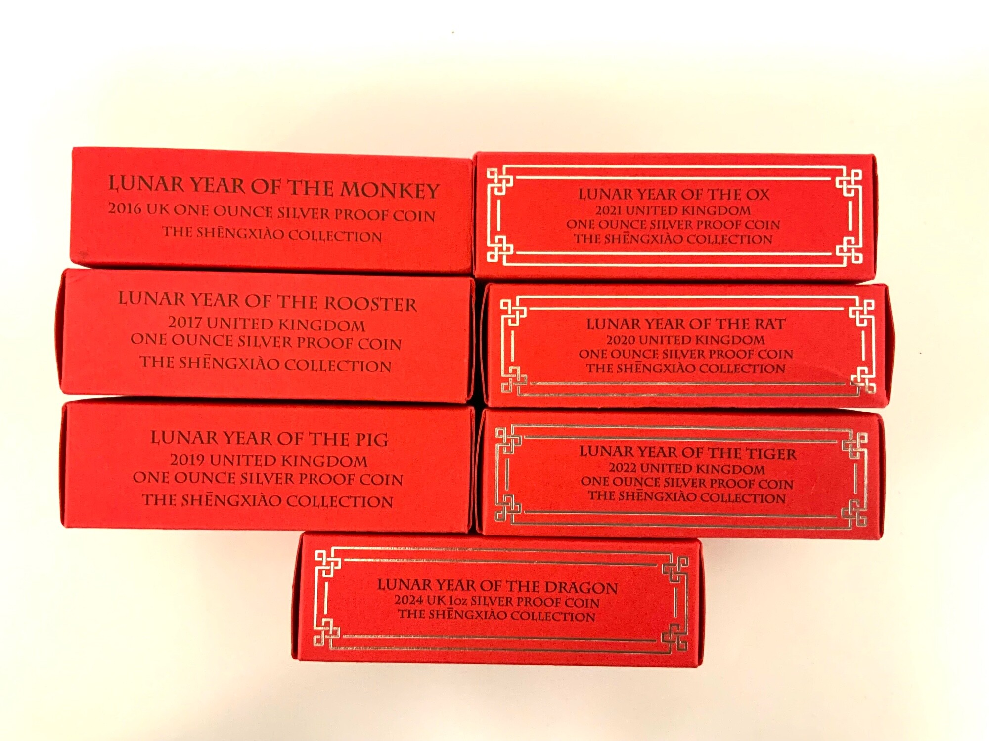 7 Lunar animal year one ounce silver proof coins, Royal mint Shengxiao collection. 2016/2017/2019/2020/2021/2022/2024.