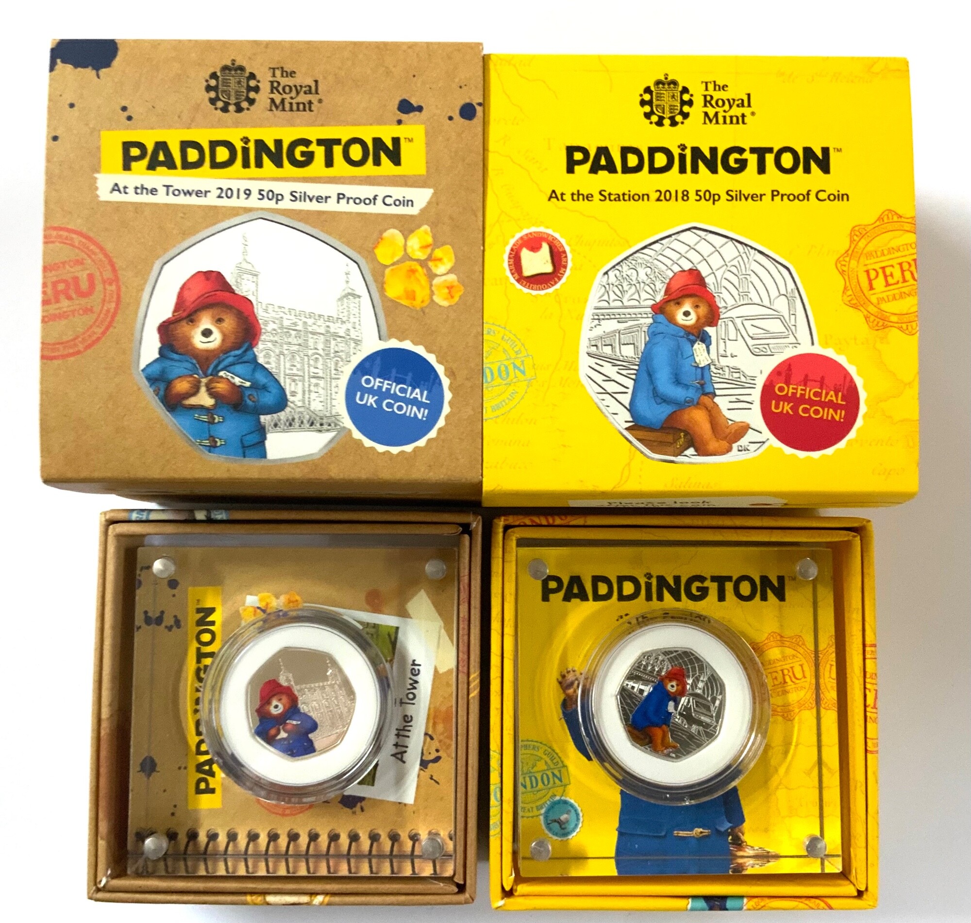 4 Royal Mint issue Paddington’s Bear commemorative coins, Silver 50p proof examples. 2018/2019