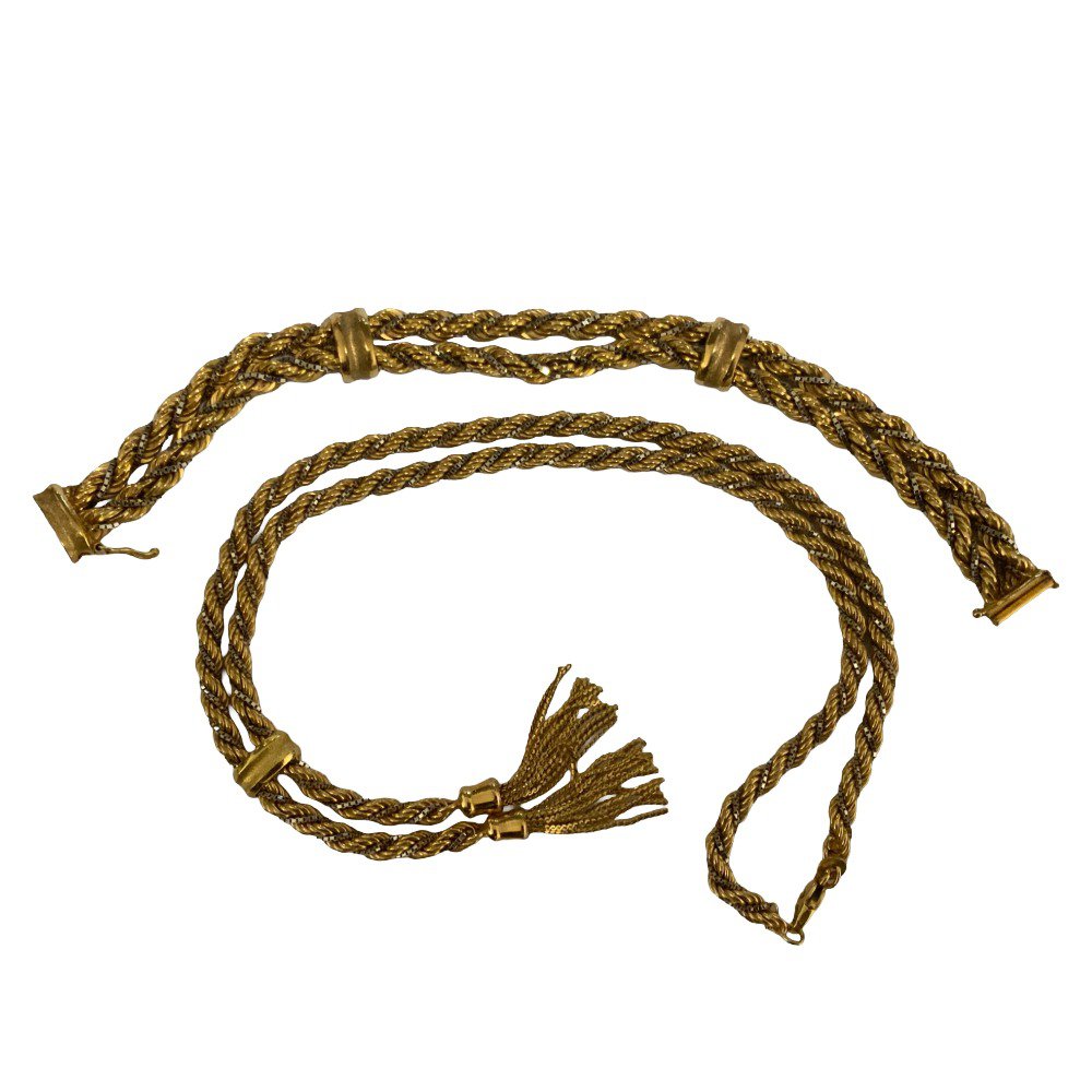 A vintage 9ct rope weave yellow and white gold design necklace with tassel pommels together with a matching bracelet, both fully hallmarked, 45.6g