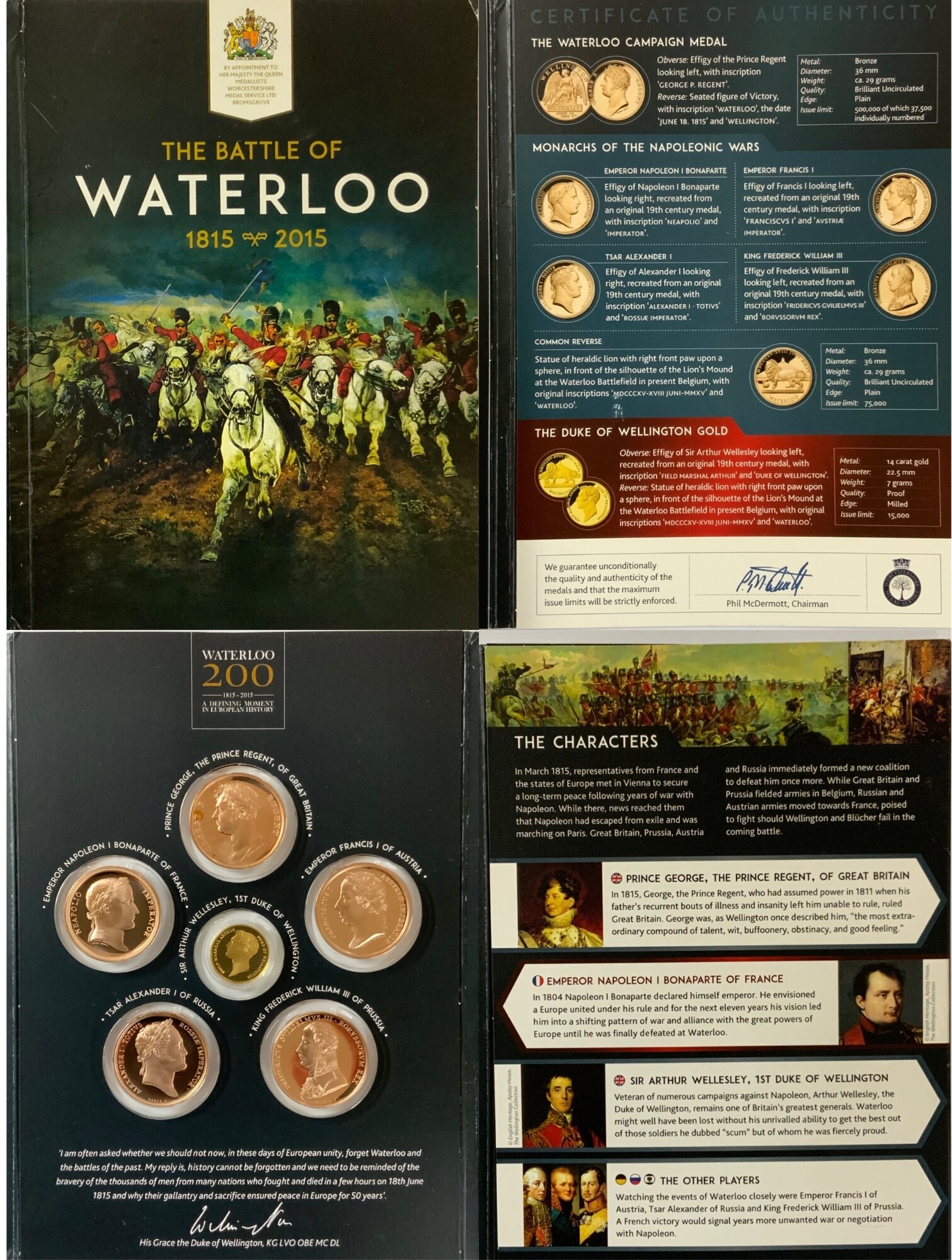 The Battle of Waterloo cased commemorative coin collection to include 5 Bronze examples and 1 14ct gold coin.