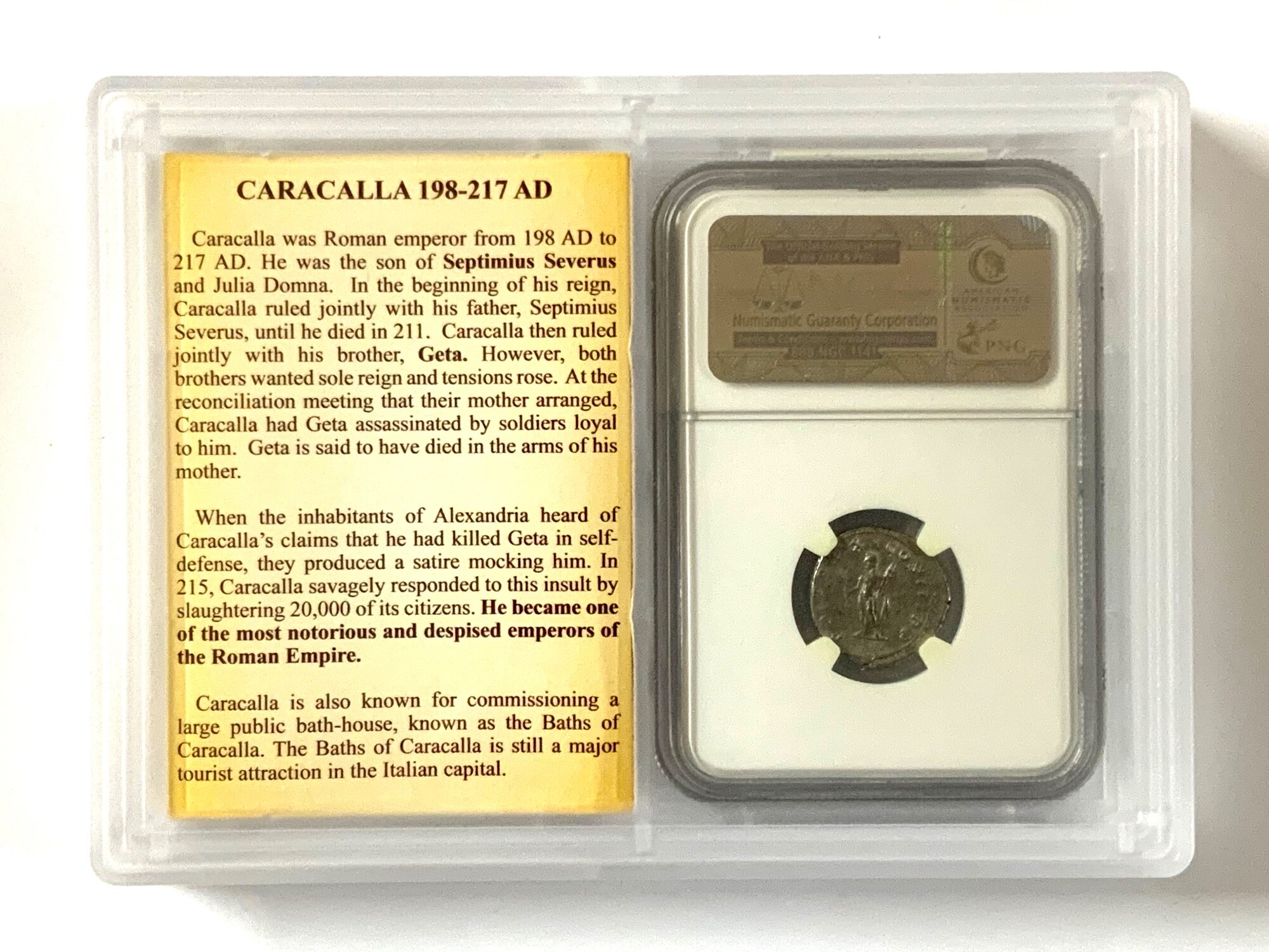 A cased NGC verified Roman Empires CH XF, Caracalla AD198-217 AR Denarius, Steve Hills Hoard coin.