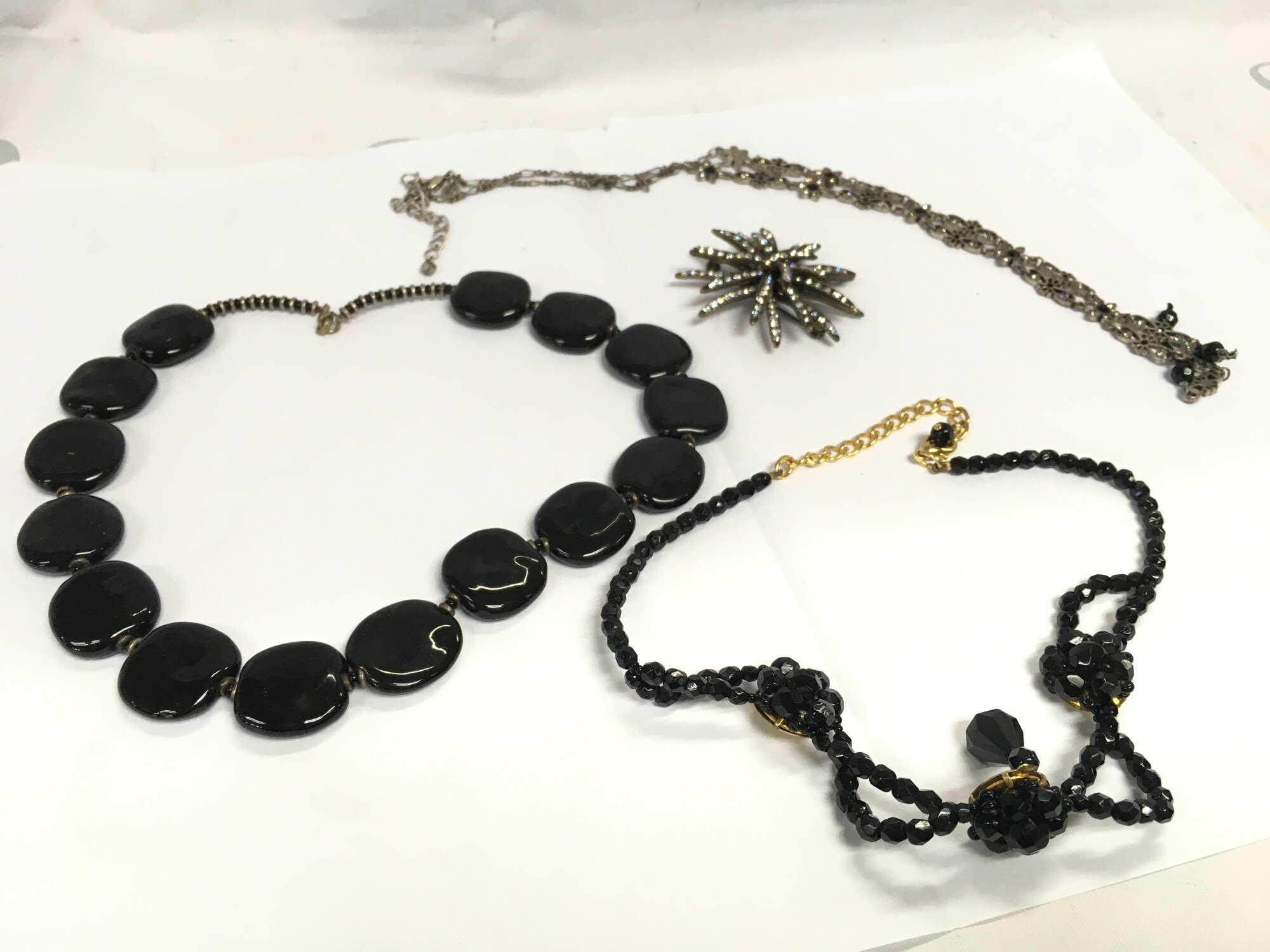 Costume jewellery including black bead necklaces and marcasite style jewellery