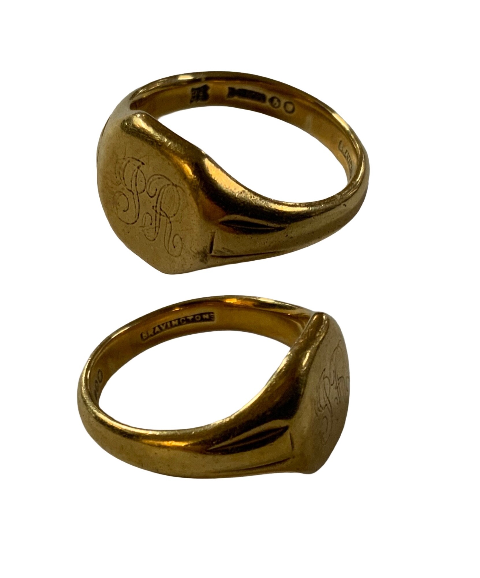 A 9ct gold Bravingtons signet ring, 6.1g, Size M.5, engraved initials.