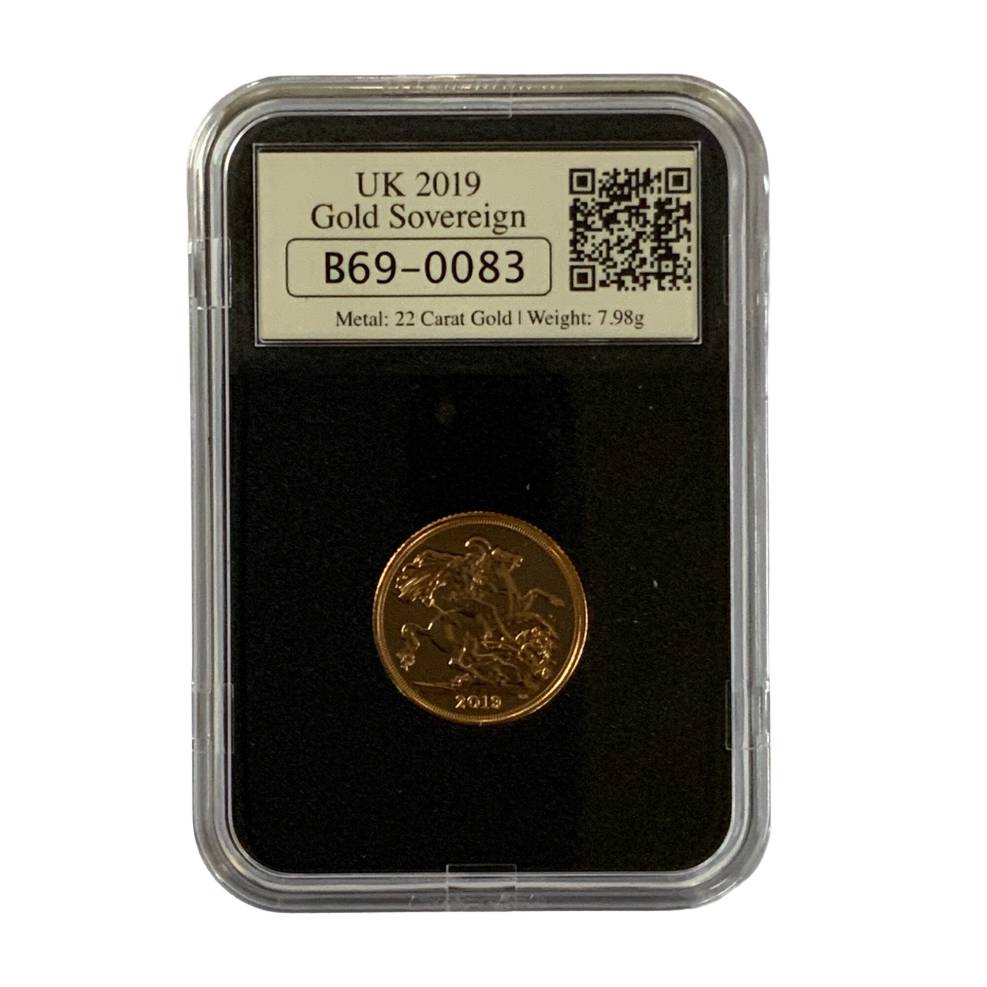 A 2019 encapsulated uncirculated full sovereign, Datestamp.