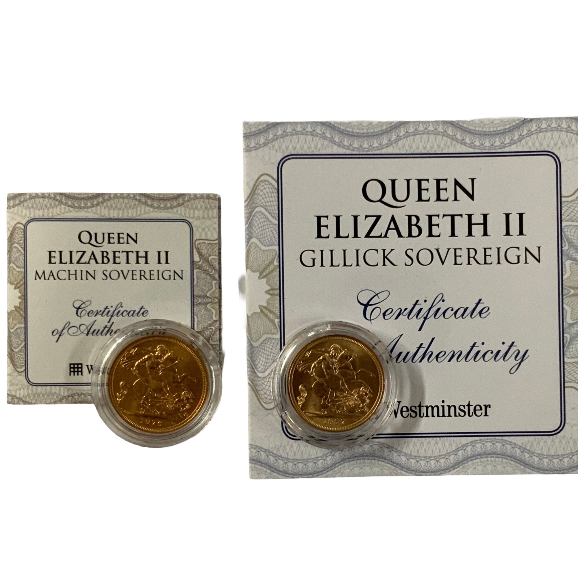 2 Queen Elizabeth II full Sovereigns, Machin 1976, Gillick 1957, both XF examples.
