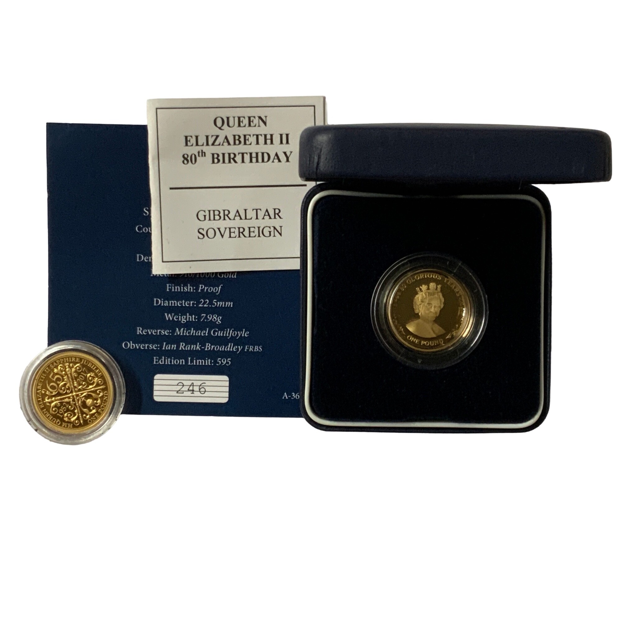 2 gold proof commemorative coins. 2017 22ct One pound coin commentating QE2 sapphire jubilee. Gibraltar 1 pound coin 22ct gold QEII 80th Birthday, Gibraltar sovereign.