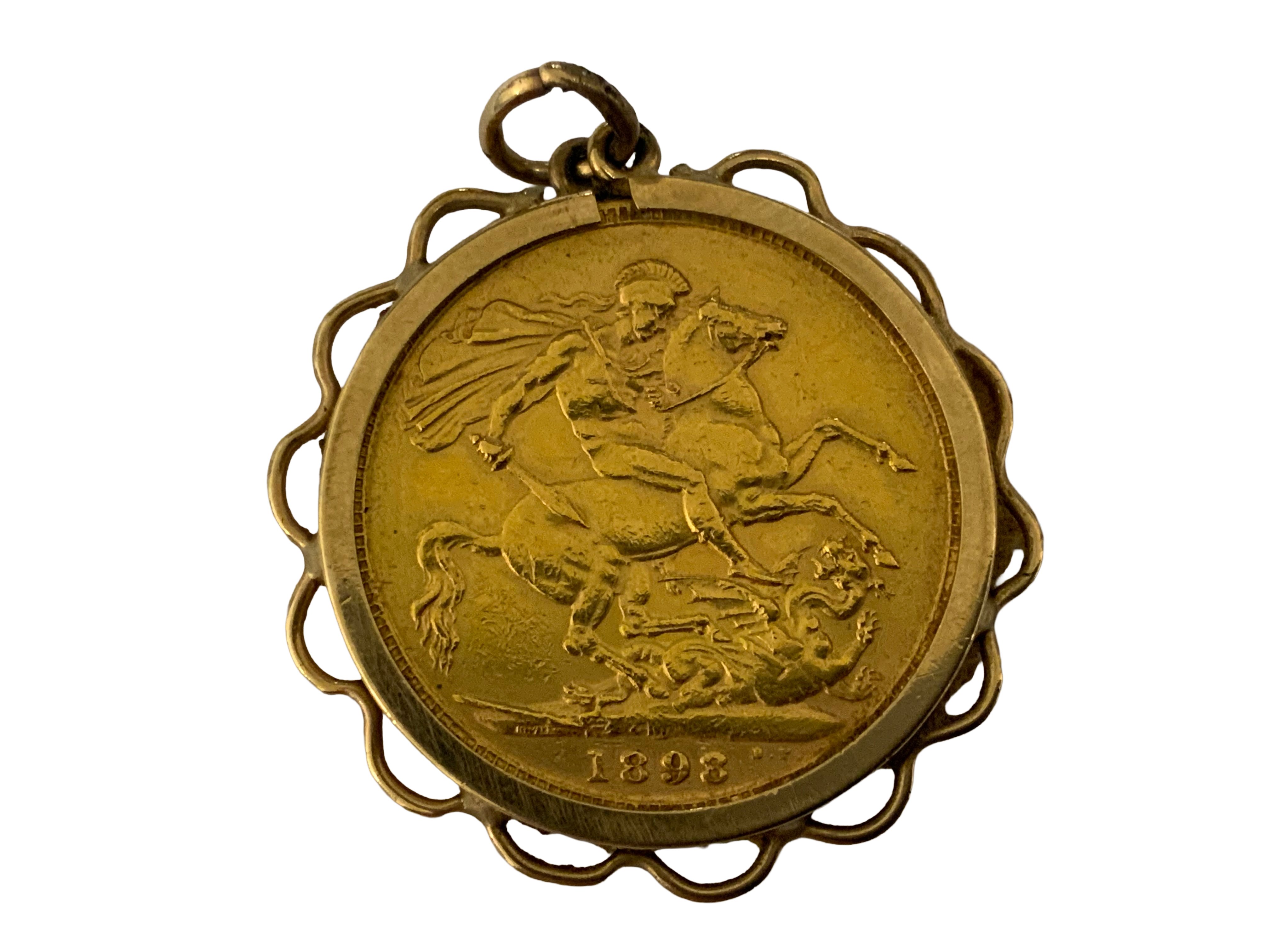 A full veiled head Queen Victoria 1898 Melbourne mint sovereign with 9ct gold coin mount.