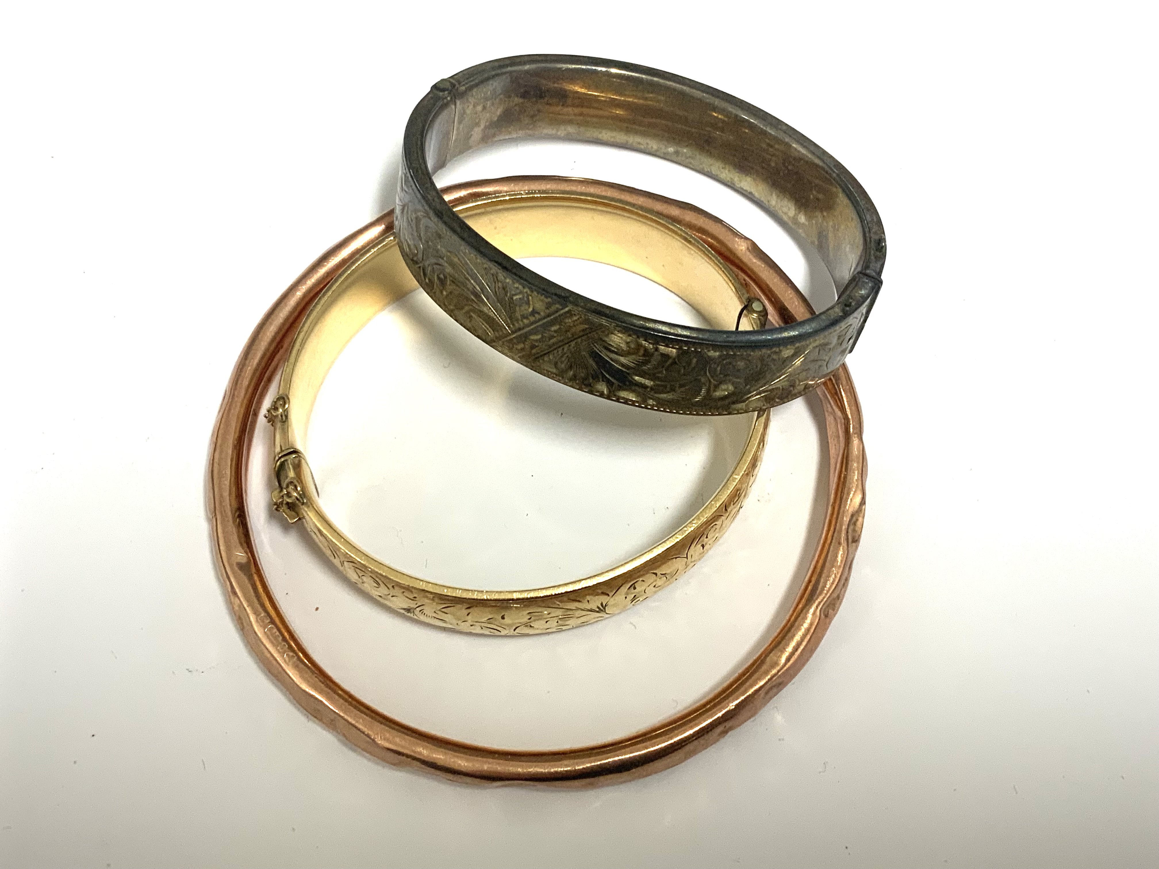 3 vintage bangles in various conditions, 9ct Rose gold, 9ct gold filled, unmarked metal example.