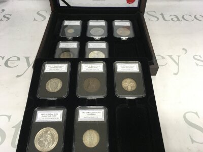A 10 coin icons of the United Kingdom coin set including Hong Kong trade dollar and a gothic florin