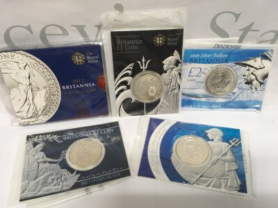 Five sealed Bullion Britannia coins including 2005, 2006, 2007, 2008 and 2012.