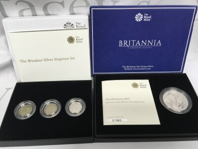 Royal Mint Windsor silver Sixpence set and a Britannia 2017 One Ounce Silver brilliant uncirculated coin