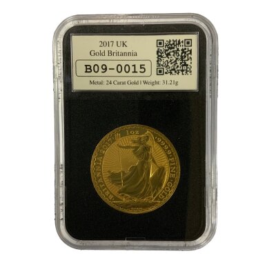 2017 1 Ounce Brittania coin, encapsulated. Rev. QEII portrait.