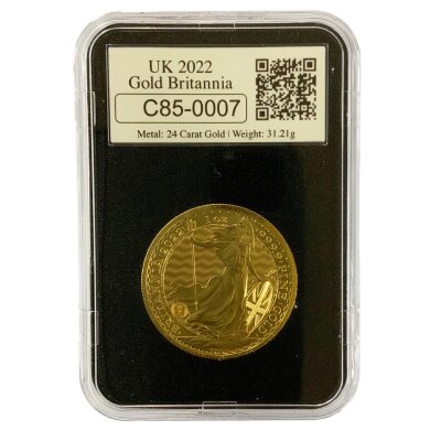 2022 1 Ounce Brittania coin, encapsulated. Rev. QEII portrait.