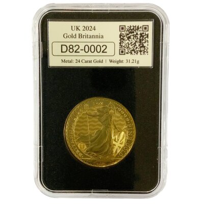 2024 1 Ounce Brittania coin, encapsulated. Rev. King Charles III portrait.