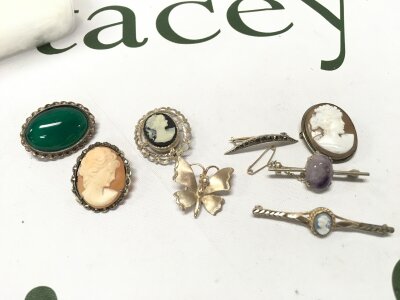 Two cameos 800 silver, 5 silver brooches , silver blue John brooch